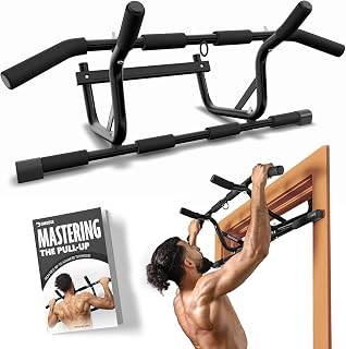 DMoose Fitness Pull Up Bar for Doorway - Upto 250 Lbs Capacity, No Screwing or Slipping, Hanging Pullup & Chin Up Bar for Door Frame - Multi Padded Grips for Strength Training with Installation Guide