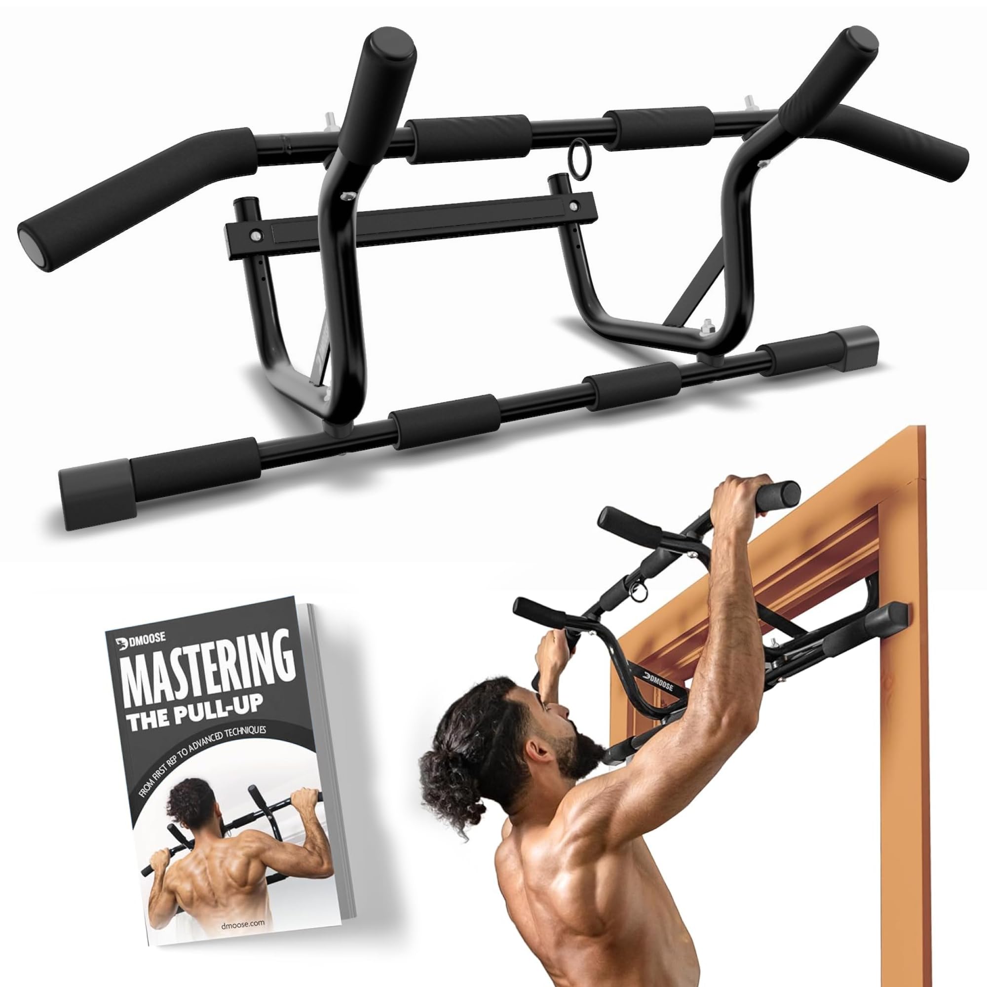 DMoose Fitness Pull Up Bar for Doorway - Upto 250 Lbs Capacity, No Screwing or Slipping, Hanging Pullup & Chin Up Bar for Door Frame - Multi Padded Grips for Strength Training with Installation Guide