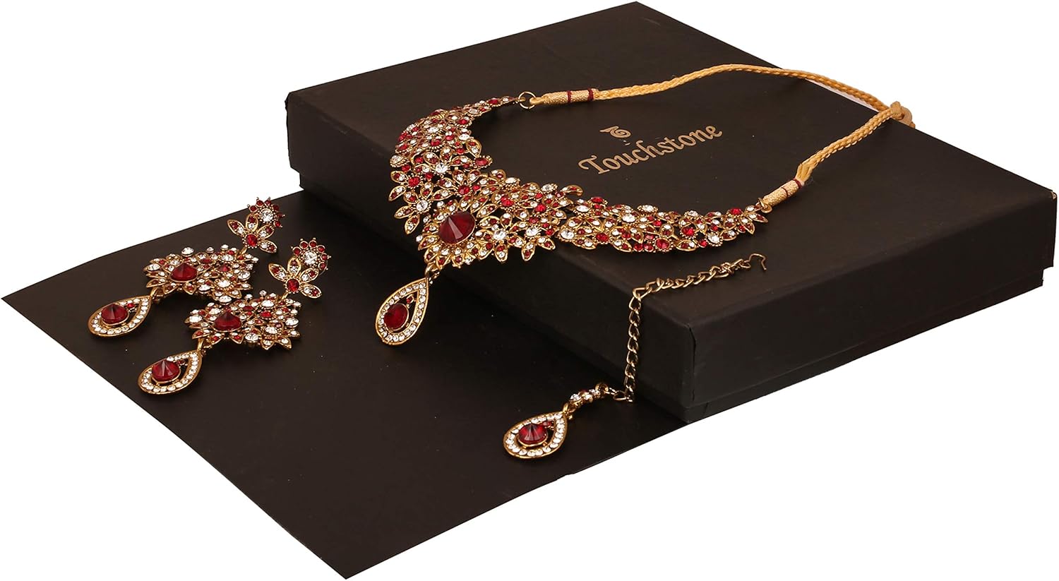 Touchstone Indian Jewelry Sets for Women Bollywood Necklace Earring Wedding high Fashion Victorian Formal Style Jewellery desi Artificial Imitation joyeria Rhinestone in Antique Gold or White Tone. - Image 6