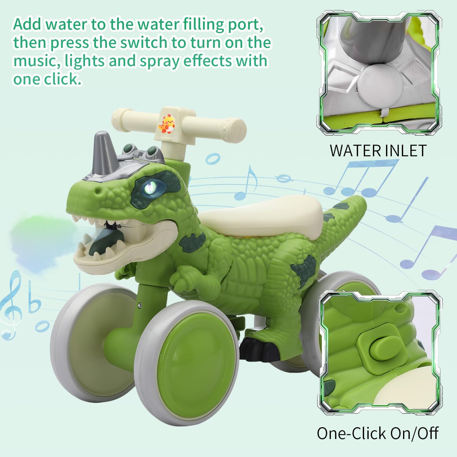 Dinosaur Balance Bike for 1-3 Year Olds, 4-Wheel No-Pedal Bike for Walker, Ride on Toys for Toddlers with Music and Mist Spray, First Birthday Gift for Boys & Girls (Green)