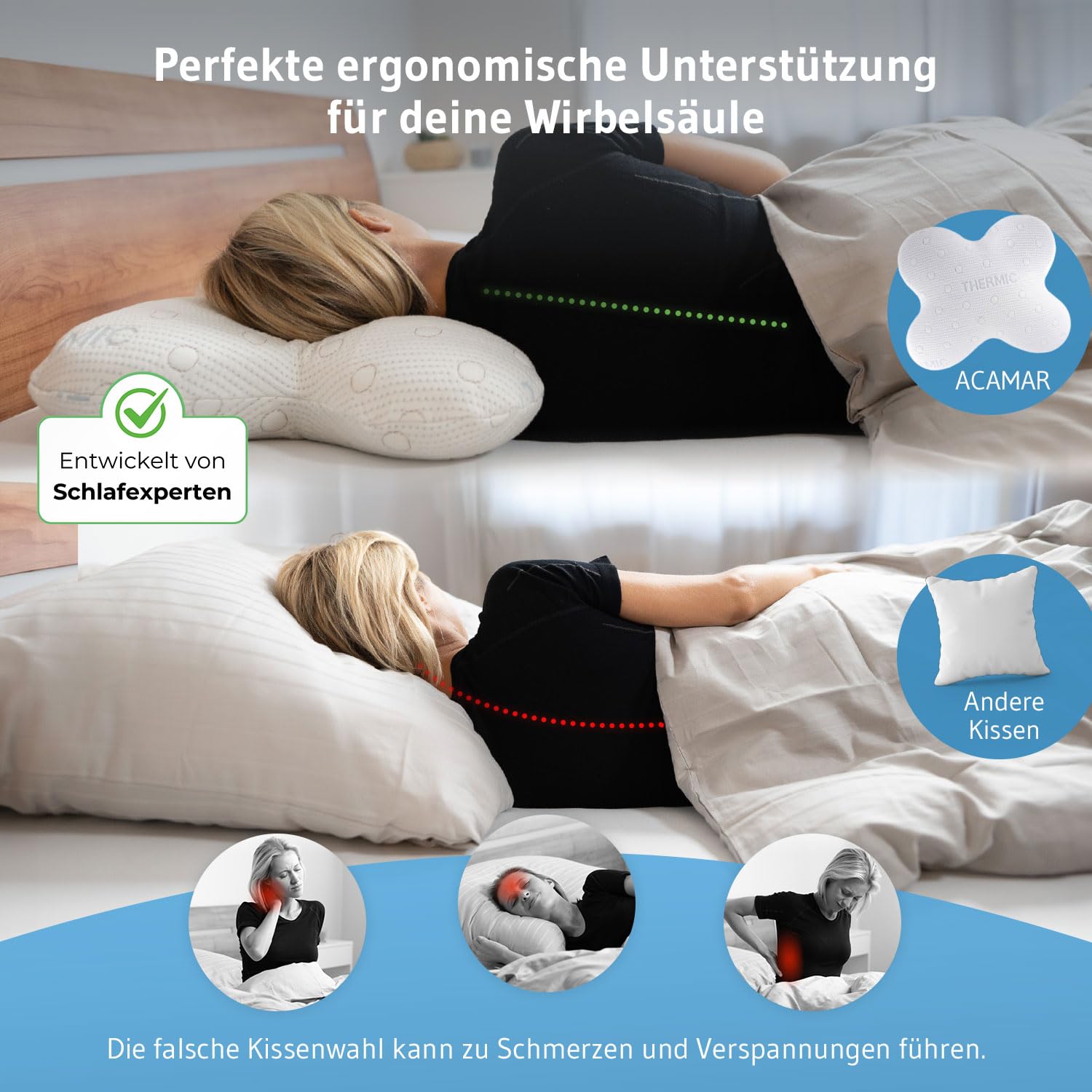 Seitenschläferkissen ACAMAR für erholsamen Schlaf, Vom Regenerationspartner des DSV Olympia Teams 2024, Schmetterlings-Kissen mit Thermo Bezug für Seitenschläfer, Ergonomisches Memory Foam-Kopfkissen