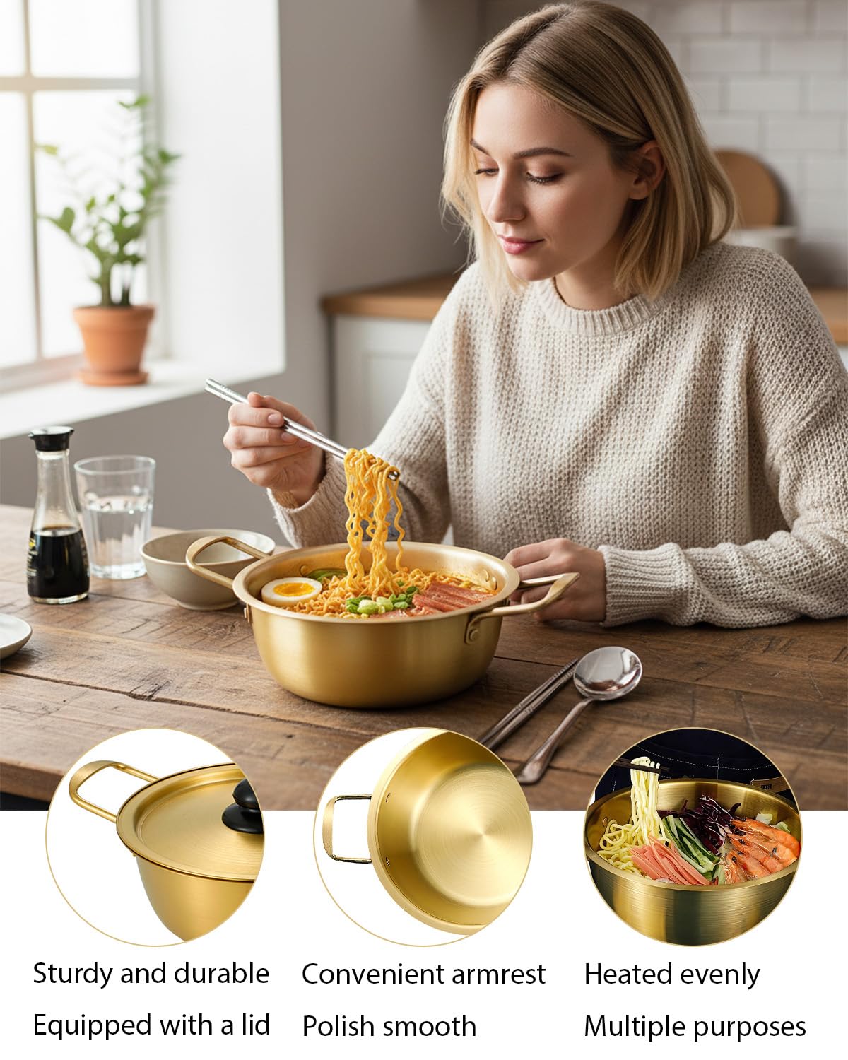 Koreanischer Ramen-Kochtopf, koreanischer Nudeltopf, Ramen-Kochtöpfe, Instant-Nudeltöpfe mit Deckel, Löffel und Essstäbchen (1 Paar) für Küchenkochgeschirr (24,4 x 8,9 cm)