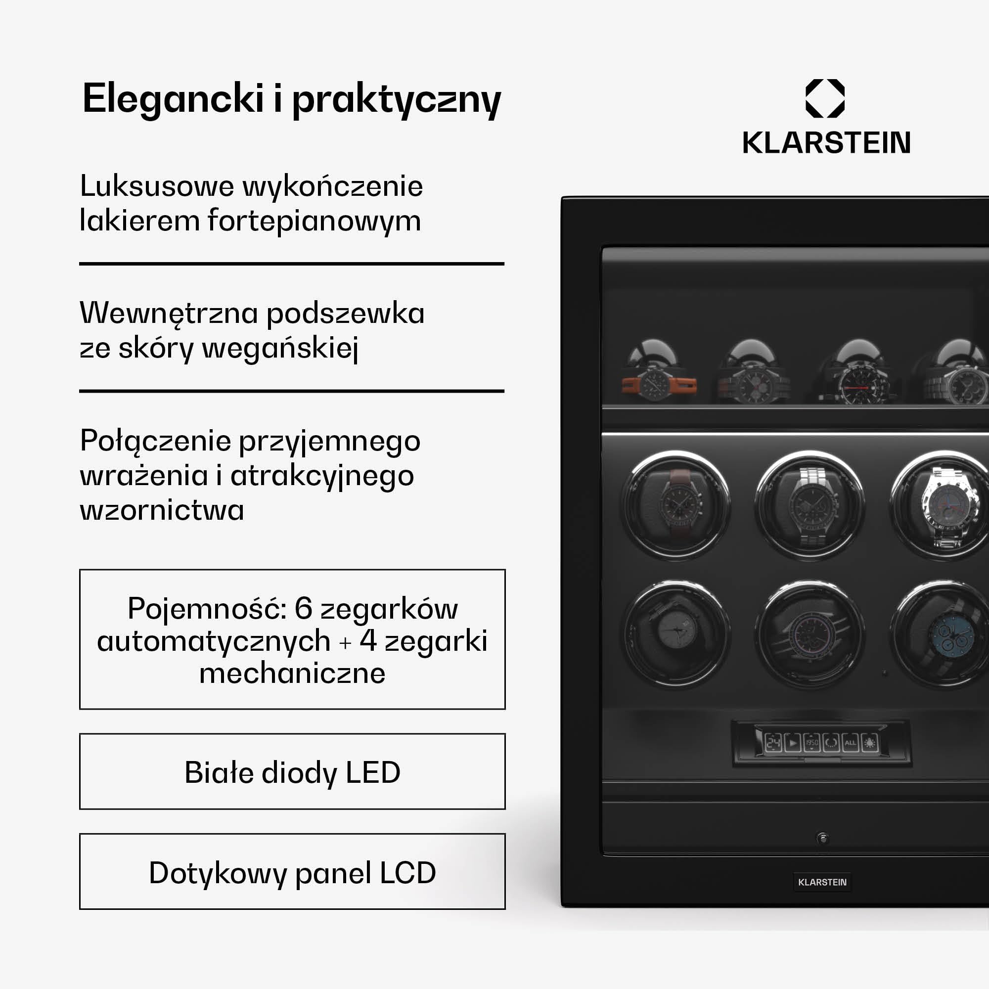 Klarstein SecureTouch Rotomat do zegarków na 10 zegarków – Automatyczny rotomat z blokadą na odcisk palca, Cichy japoński silnik, Wyświetlacz LCD i pilot, Oświetlenie LED, Szuflada na biżuterię