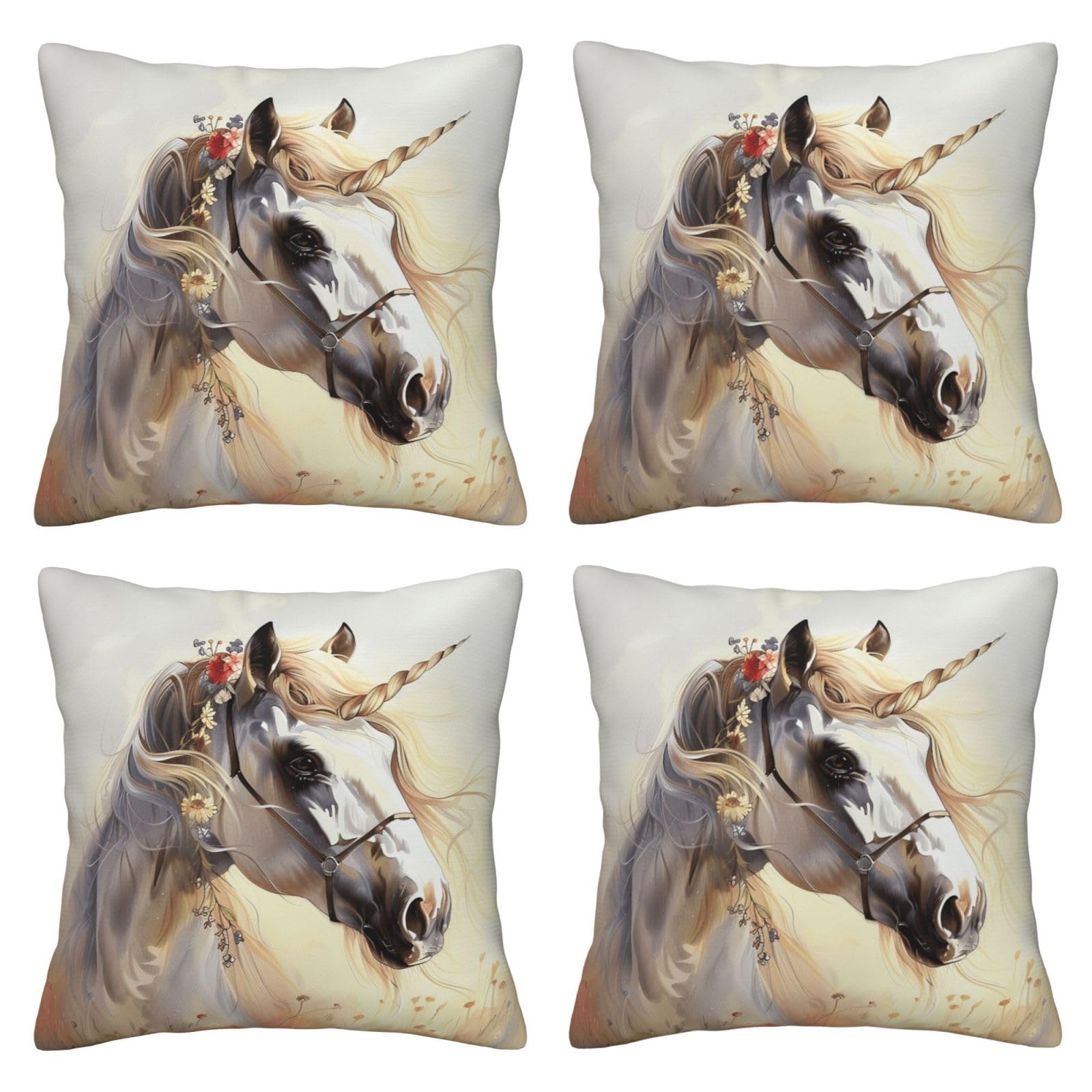 Cute Horses Throw Pillow Cases 4 Pack Square Pillowcases Super Soft Pillow Protectors With Zipper for Couch Livingroom Sofa Bed Office Car,30x30 CM