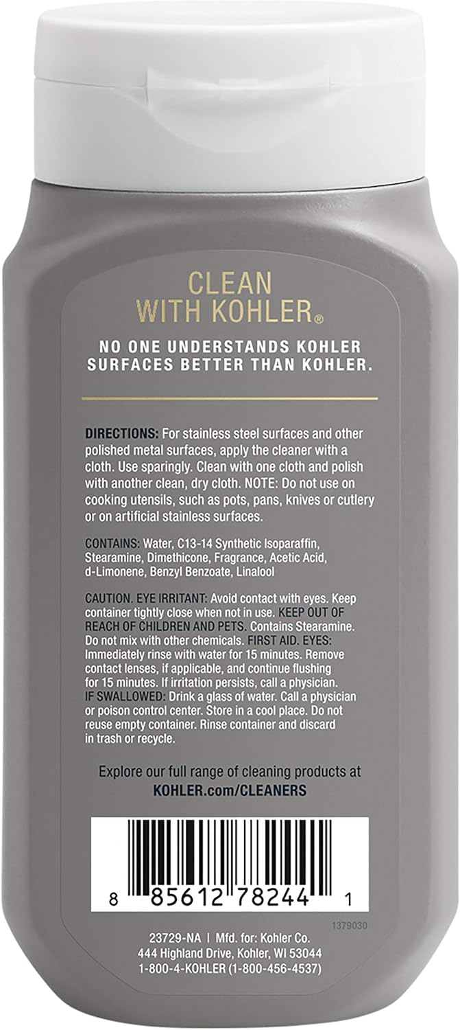 KOHLER K-23729-NA Stainless Steel Cleaner, Kitchen & Bathroom Cleaner, Polish & Protect Sinks & Other Surfaces, 8 FL Oz