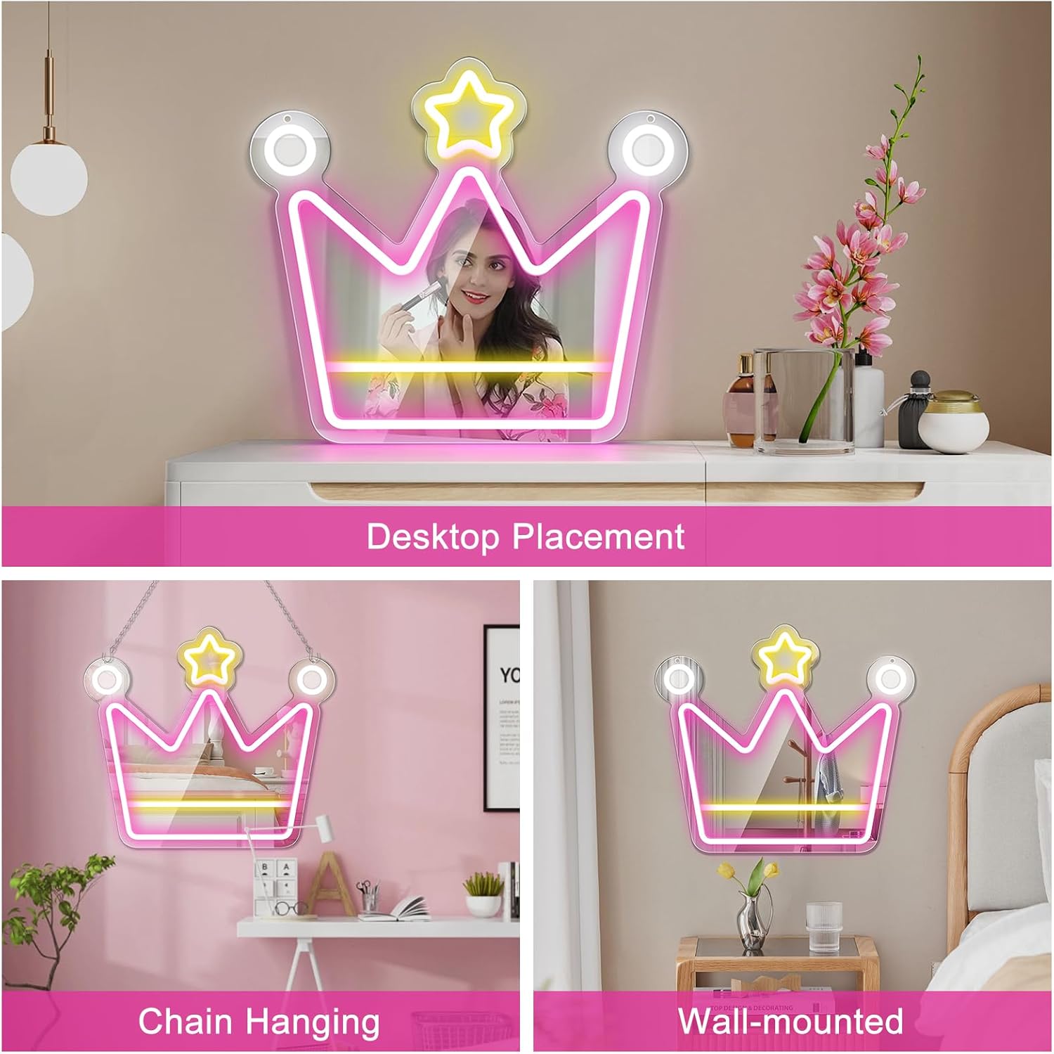 Crown Neon Sign-Pink Mirror LED Sign, 13.7"X 15.7" USB Powered Mirror Neon Signs, Dimmable LED Vanity Light Bedroom Decor Christmas Gift for Teen Girls & Kids(Pink&Yellow&White) - Image 5