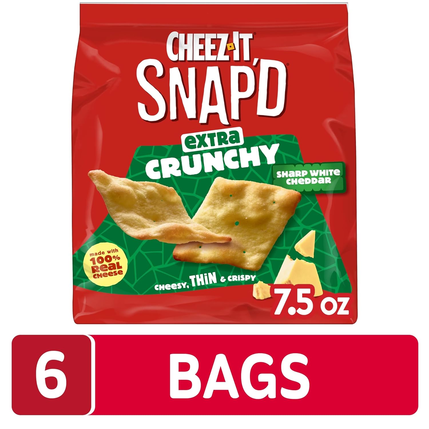 Cheez-It Snap'd Cheese Cracker Chips, Thin Crisps, Extra Crunchy, Sharp White Cheddar (6 Bags)