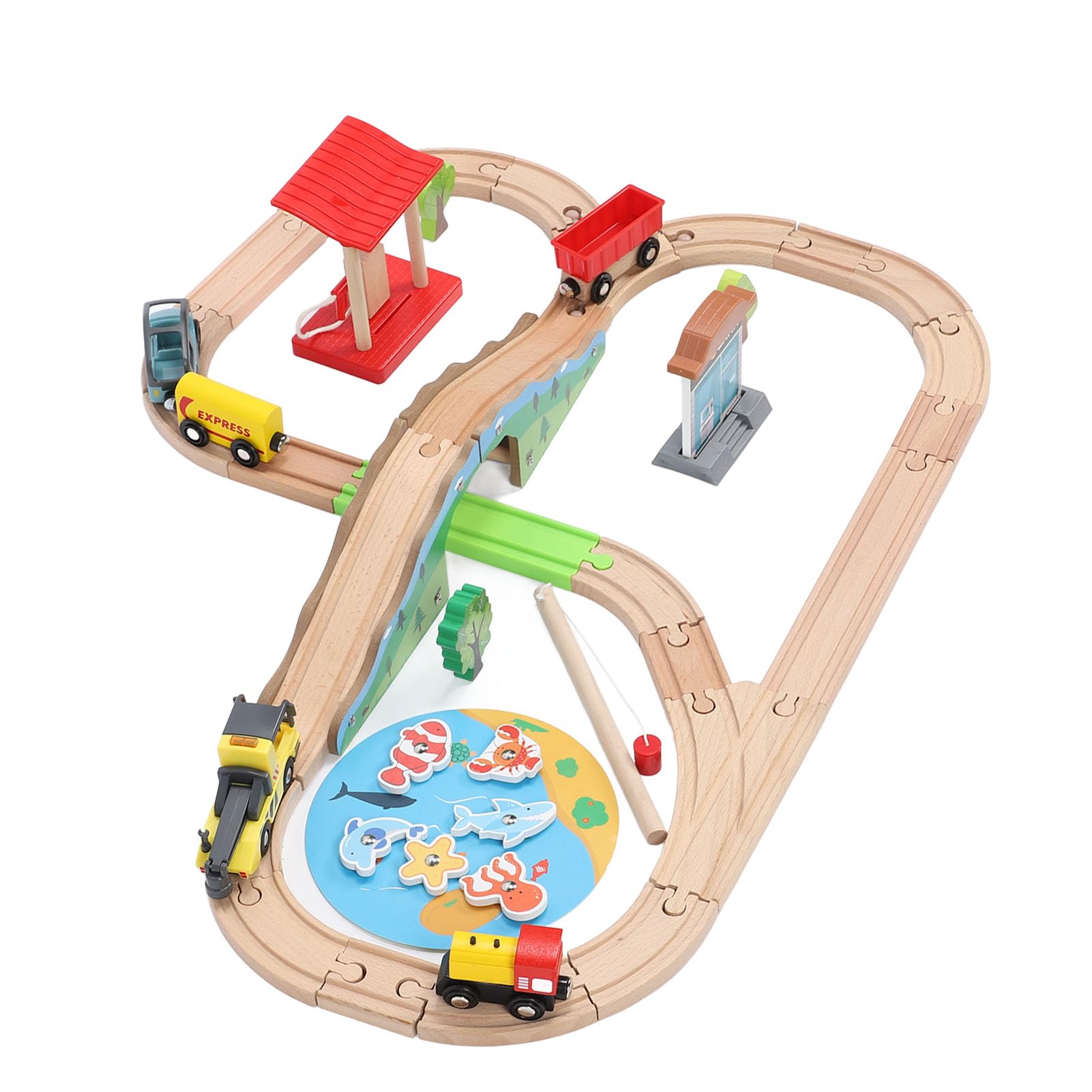 Hidyliu Juego de Vías de Tren de Madera, Juguete Educativo con Temática Urbana para Niños Pequeños de 2 Años en Adelante, Materiales Ecológicos y Seguros, 49 Piezas