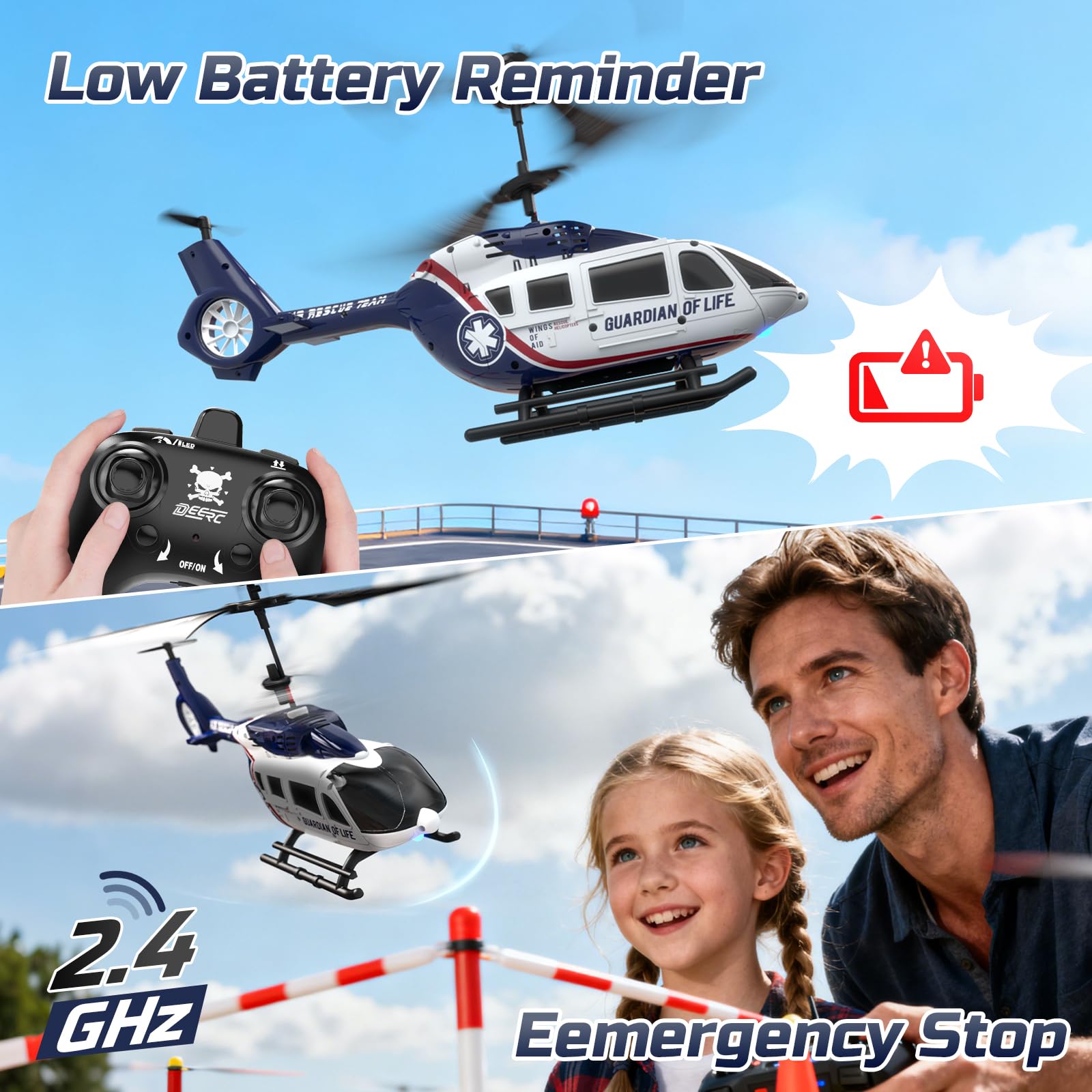 DEERC Hélicoptère Télécommandé Enfants, RC Militaire Sauvetage Maintien Altitude, Décollage Atterrissage Touche, LED, Batterie Faible, Cadeau Garçons