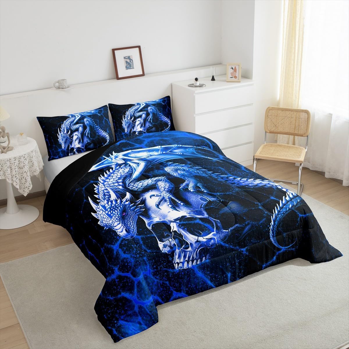 Feelyou Dragon Comforter Set Queen Size Kids Blue and Black Comforter for Boys Teens Sugar Skull Bedding Set Honeycomb Dragon Wild Animal Duvet Set Room Decor