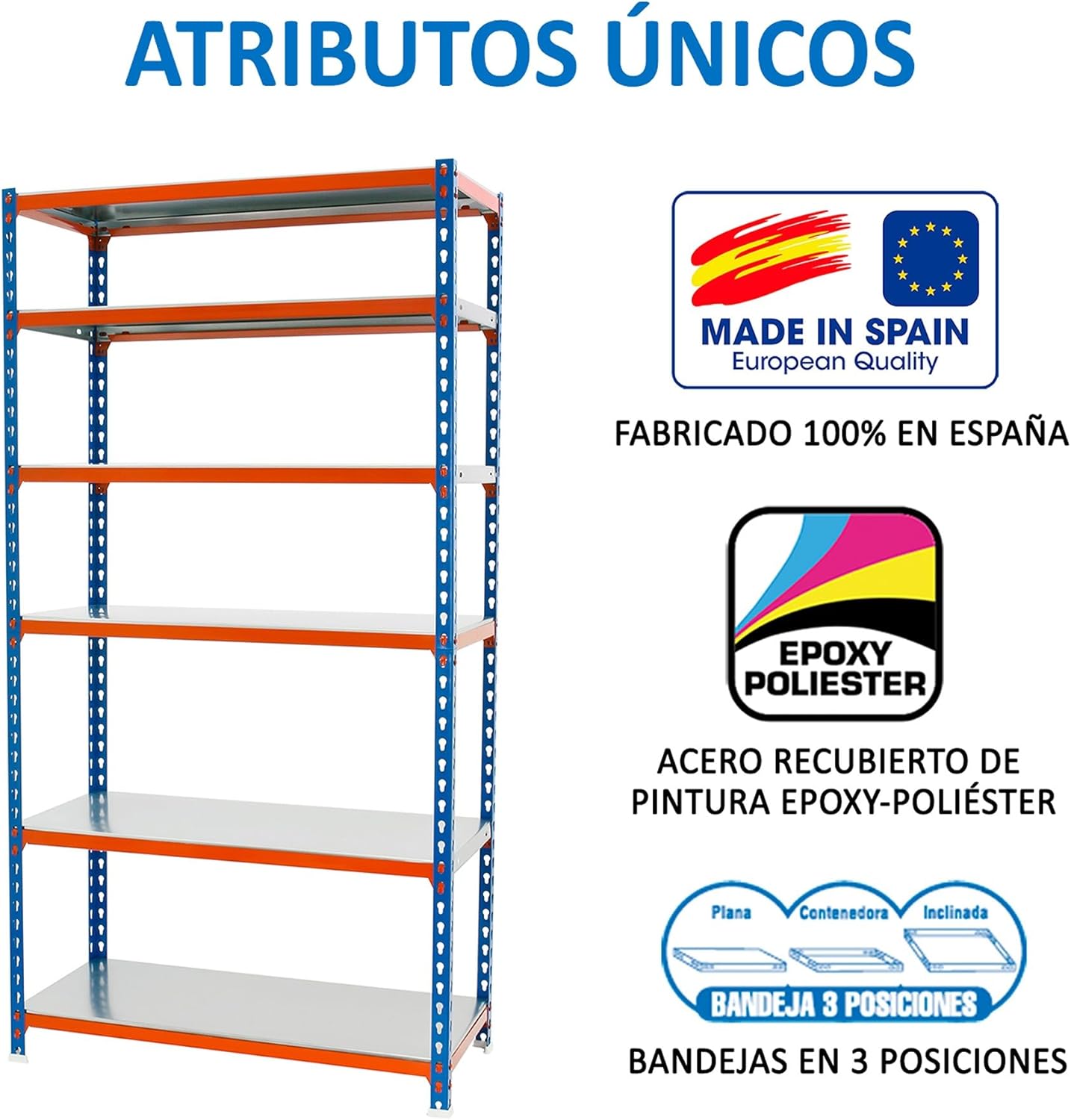 Simon Rack Metal Shelf, 2500x800x400 mm, 6 Heights, Metal Tray, 180 kg Flex Point, Storage Shelf, Blue/Orange/Galva - Simonclick