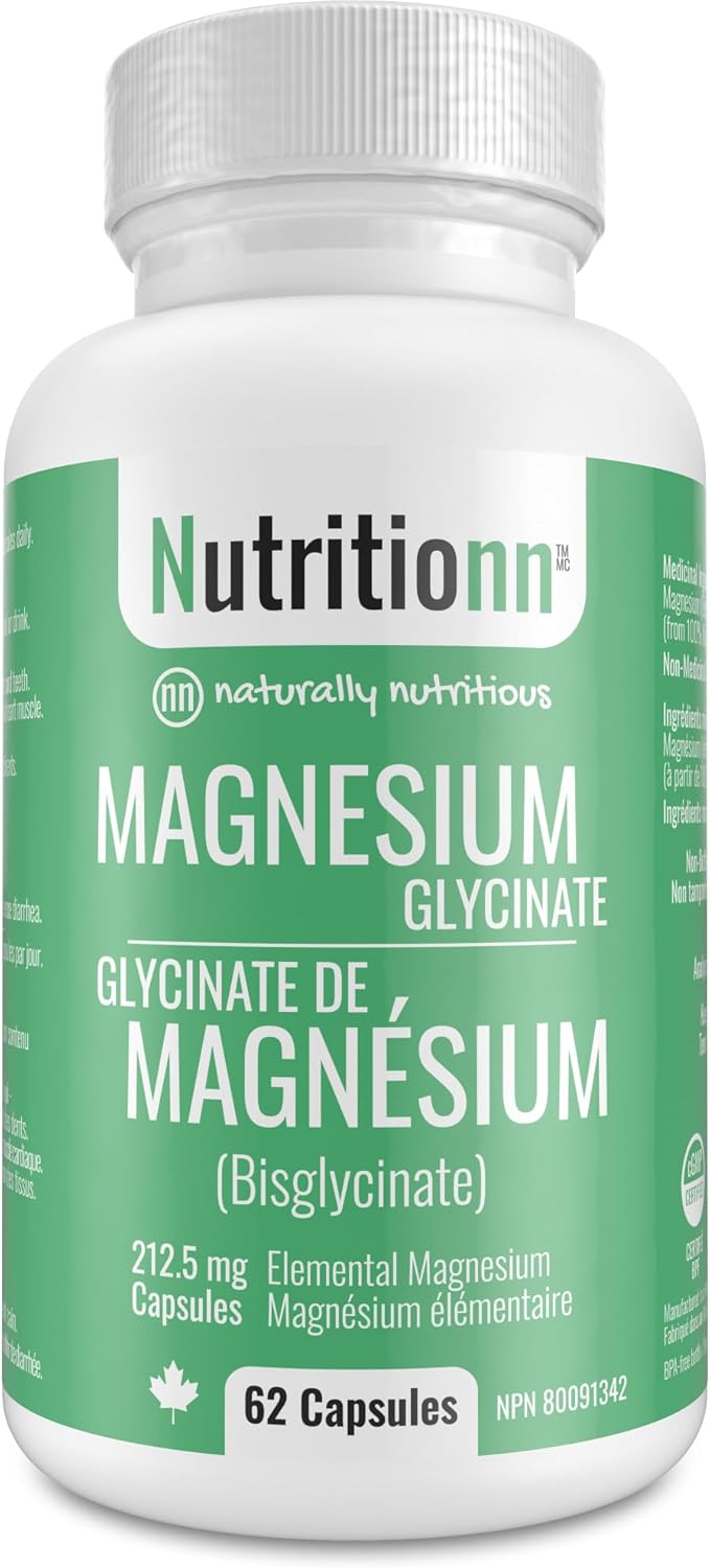 Magnesium Glycinate Supplement – 62 Capsules x 212.5 mg Elemental Magnesium, 425 mg Once Daily for Men and Women – Pure Chelated Bisglycinate for Good Health and Sleep – Made in Canada by Nutritionn