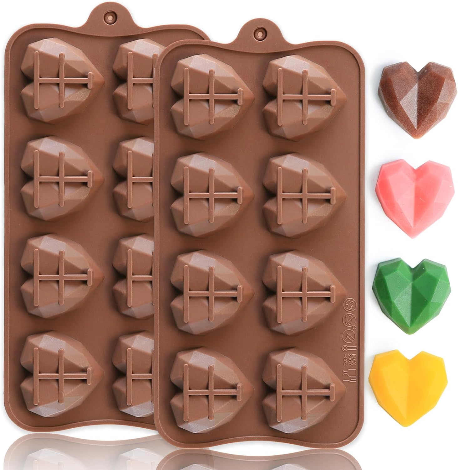 Small Heart Silicone Molds, 8 Cavities Heart Molds with Diamond Love Shape for Making Chocolate/Candy/Fondant/Gummy, 2 PCS Food Grade Chocolate Mold for Fruit Snack/Snack Biscuits