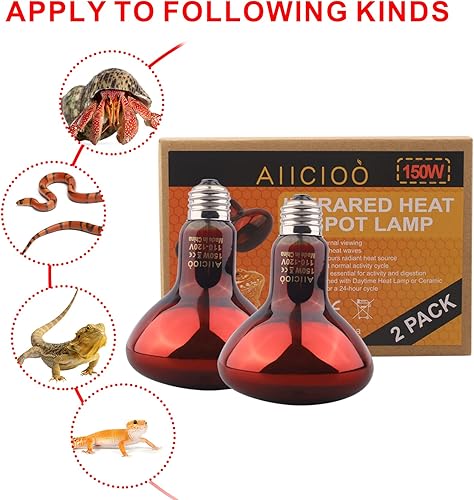 Miniatura 6 de Aiicioo Bombilla de luz nocturna roja de reptil, 150 W, lámpara de calor para reptiles, lámpara infrarroja para dragón barbudo, lagarto, tortuga