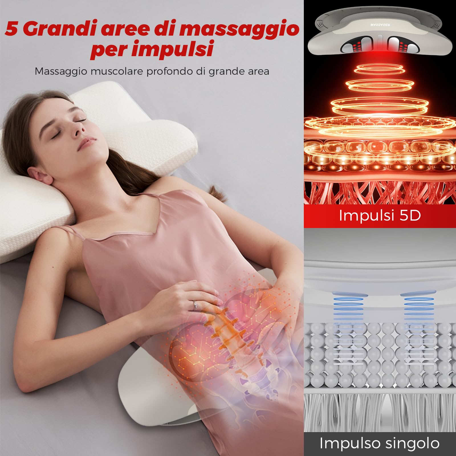 Massaggiatore lombare con calore, vibrazione, funzione curvatura, massaggiatore schiena con calore e impulso EMS, massaggiatore lombare con vibrazione, cuscino d'aria e telecomando