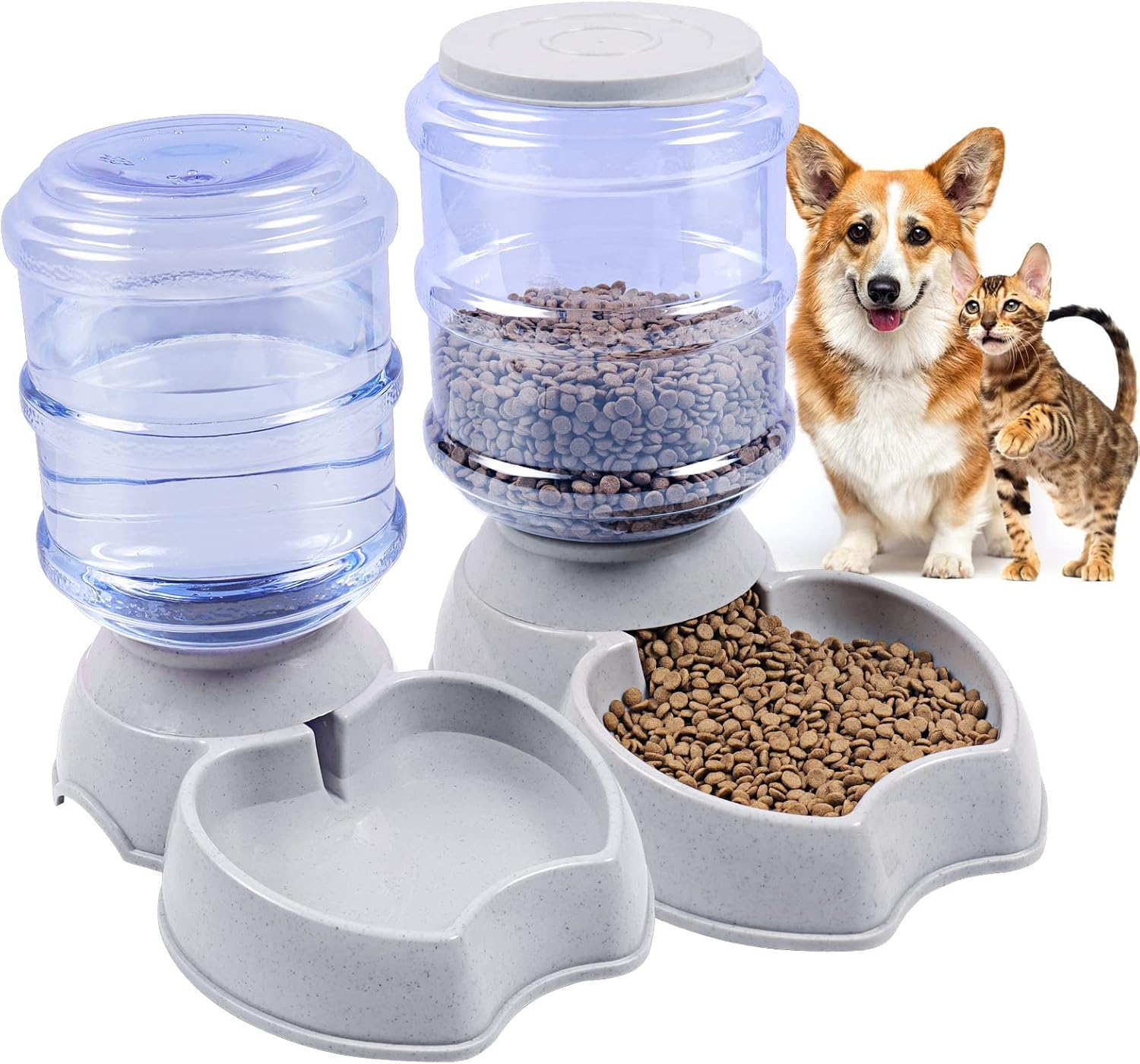Comedero y Bebedero Automatico para Gato y Perros 3.8 L c/u, Pack 2, Czemo Dispensador Automático de Comida y Agua, Dispensador para Gatos y Perros Cuenco Accesorio Mascotas (Gris)