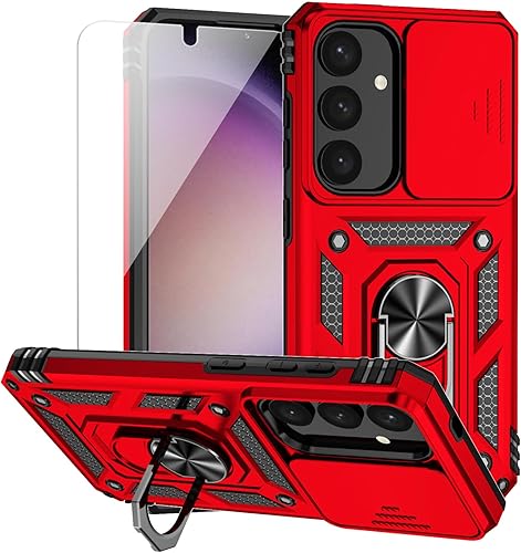 Funda para Samsung Galaxy S24 con cubierta para lente de cámara, protector de pantalla HD, doble capa de grado militar a prueba de caídas, soporte