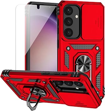 for Samsung Galaxy S24 Case with Camera Lens Cover HD Screen Protector, Dual Layer Military-Grade Drop Tested Magnetic Ring Holder Kickstand Protective Phone Case for Samsung Galaxy S24 Red