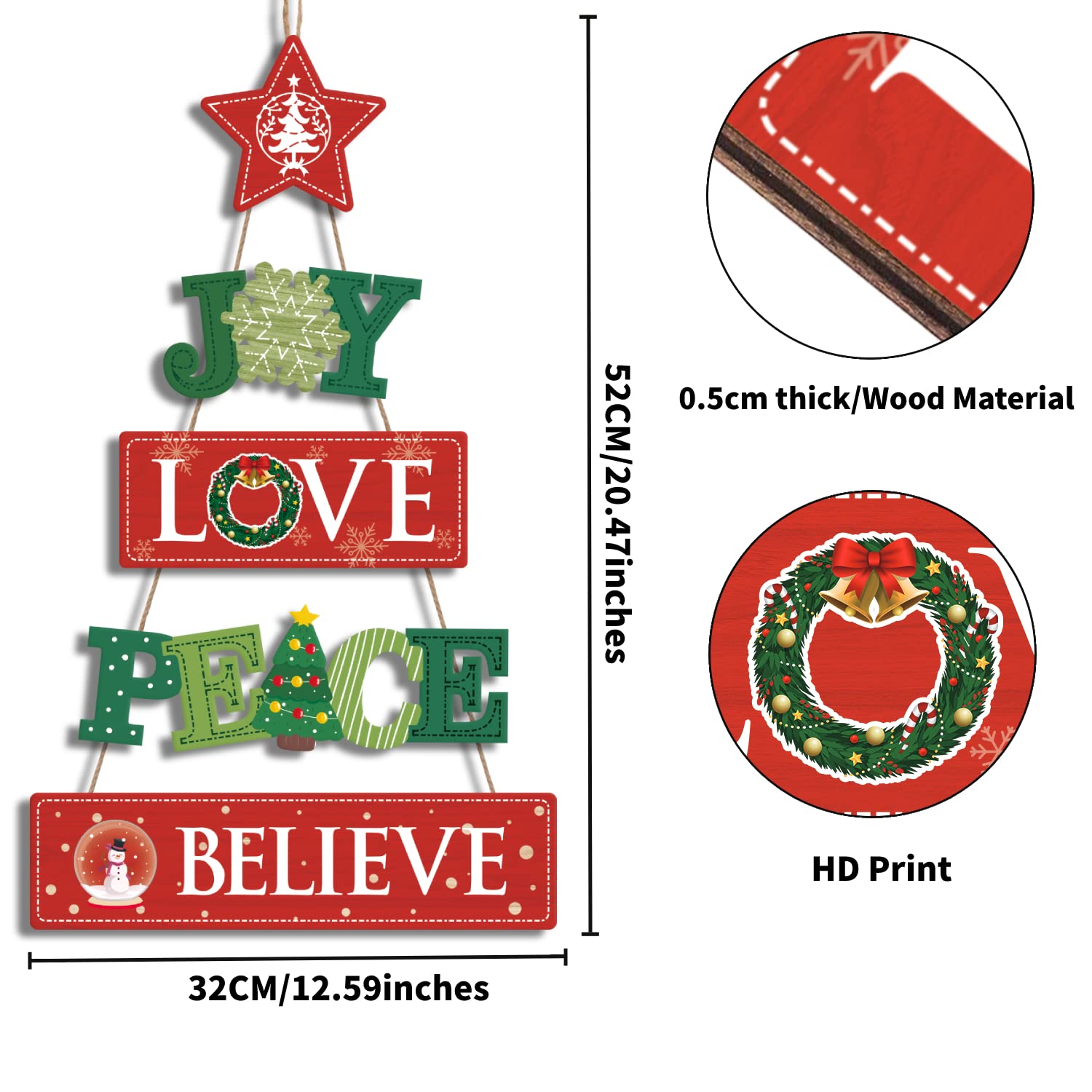 Cartello Di Natale In Legno Joy Love Peace – A Forma Di Albero, 52x32 Cm, Per Interni/esterni - 3