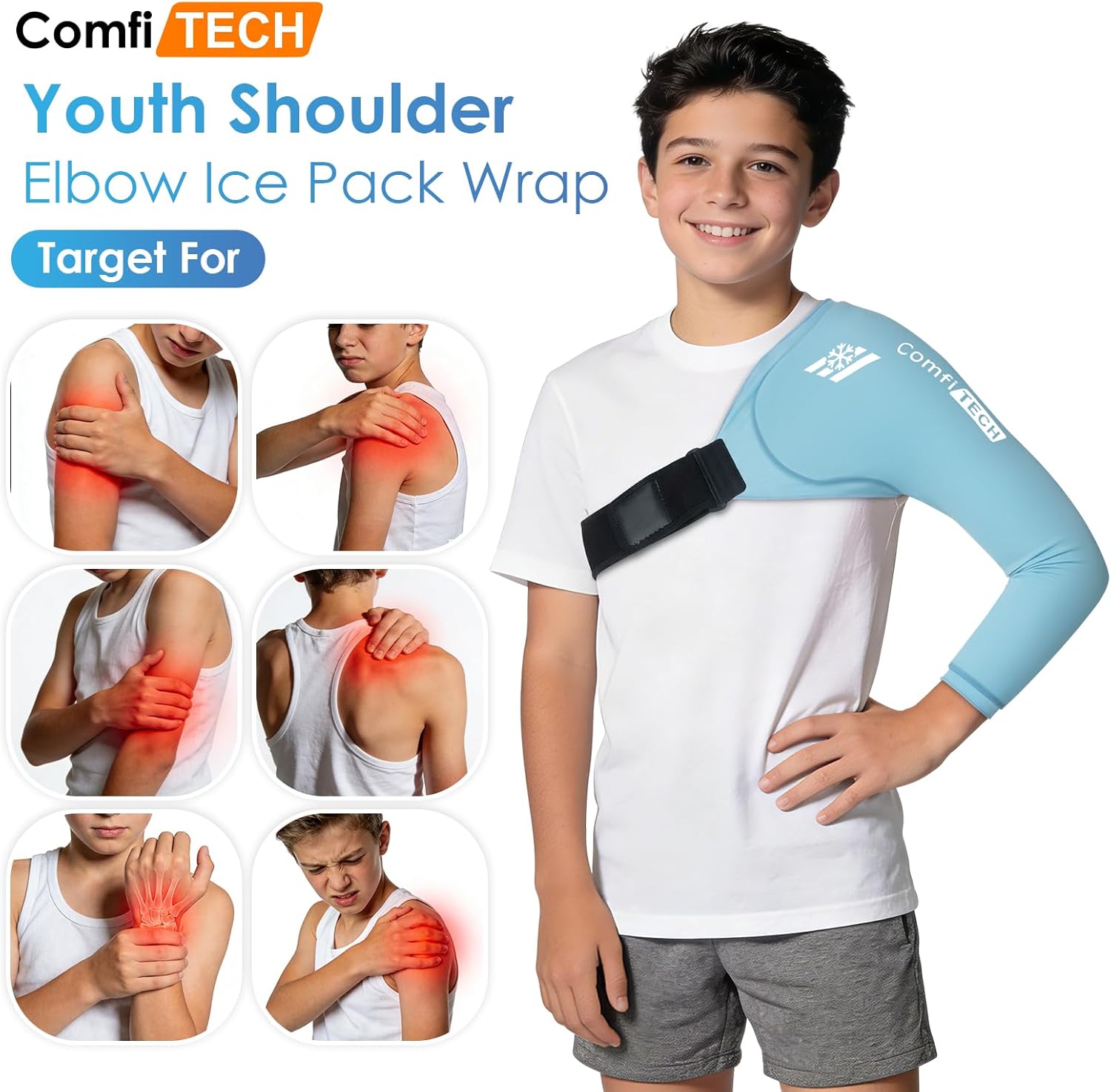 ComfiTECH Youth Shoulder Arm Ice Pack Wrap for Young Pitchers, Ice Arm Sleeve for Teen Volleyball Players, Flexible Cold Application for Throwing Recovery, Elbow Joint & Muscle Comfort, Medium