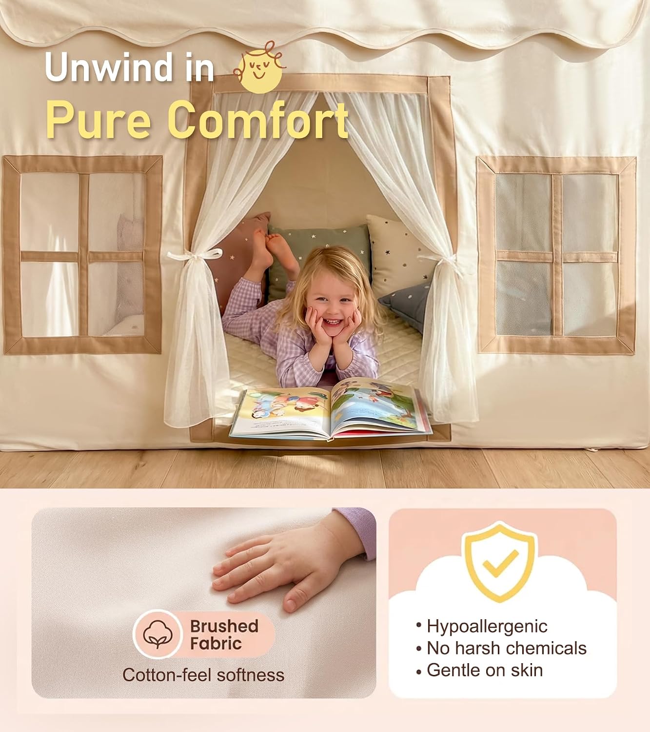Little Dove Kids Play Tent with Mat, Kids Playhouse with 2 Windows, Star Lights & Tassel Garland, Indoor Outdoor Reading Nook, Machine Washable Cover, Gifts for Girls & Boys, 42" × 27" × 38", Beige image 5