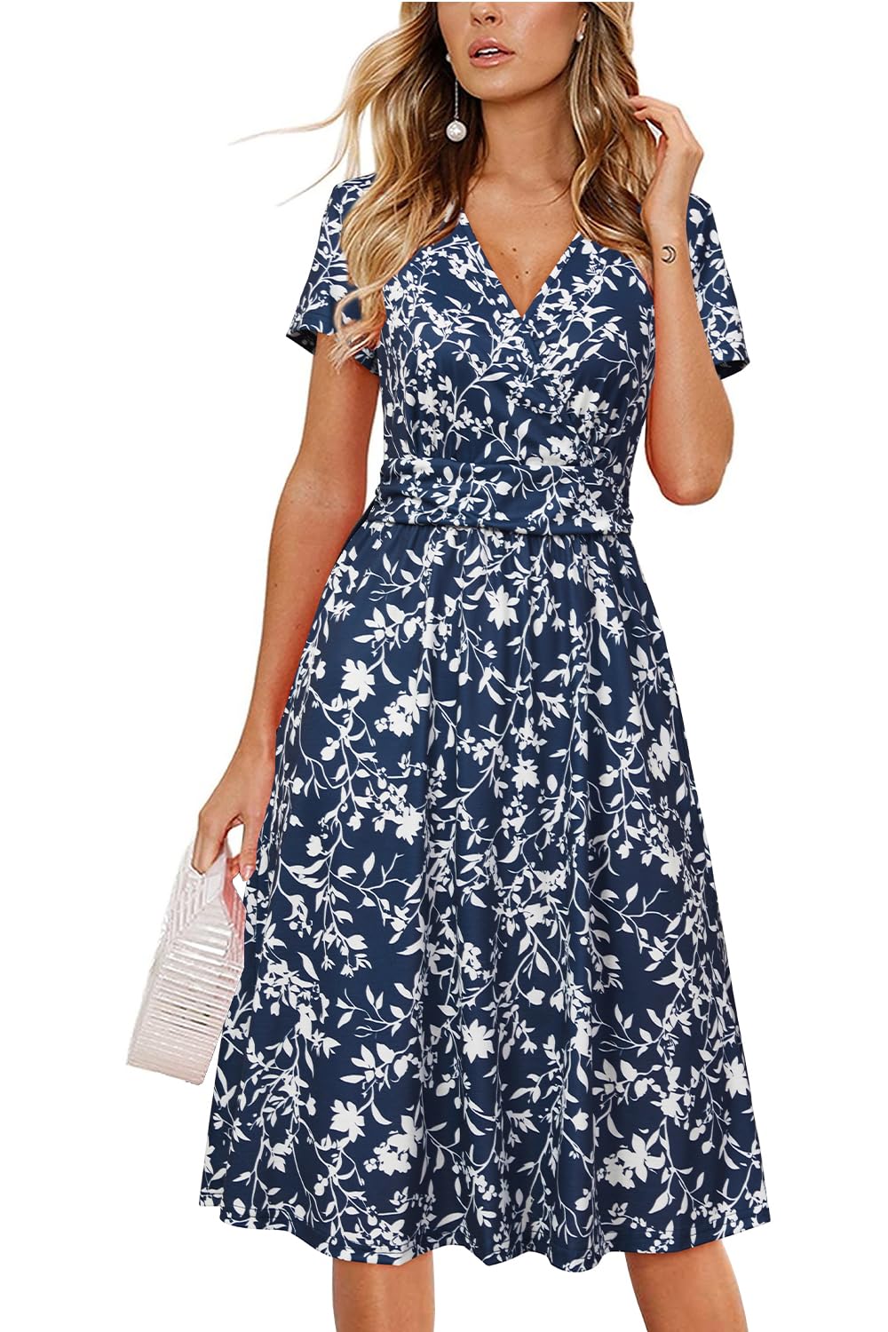 Newshows Robe d'été à manches courtes et col en V pour femme - Motif floral décontracté - Robe d'été mi-longue avec poches