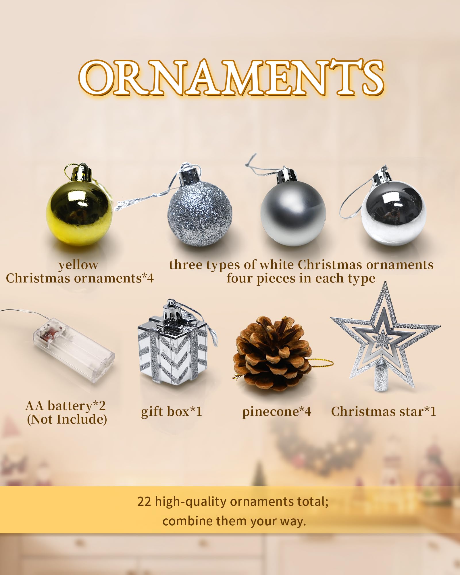 Mini sapin de Noël avec lumières, petit sapin de Noël de 55,9 cm avec lumières, étoile de cile, alphabet joyeux Noël, pommes de pin, boules à suspendre pour table, décoration de Noël