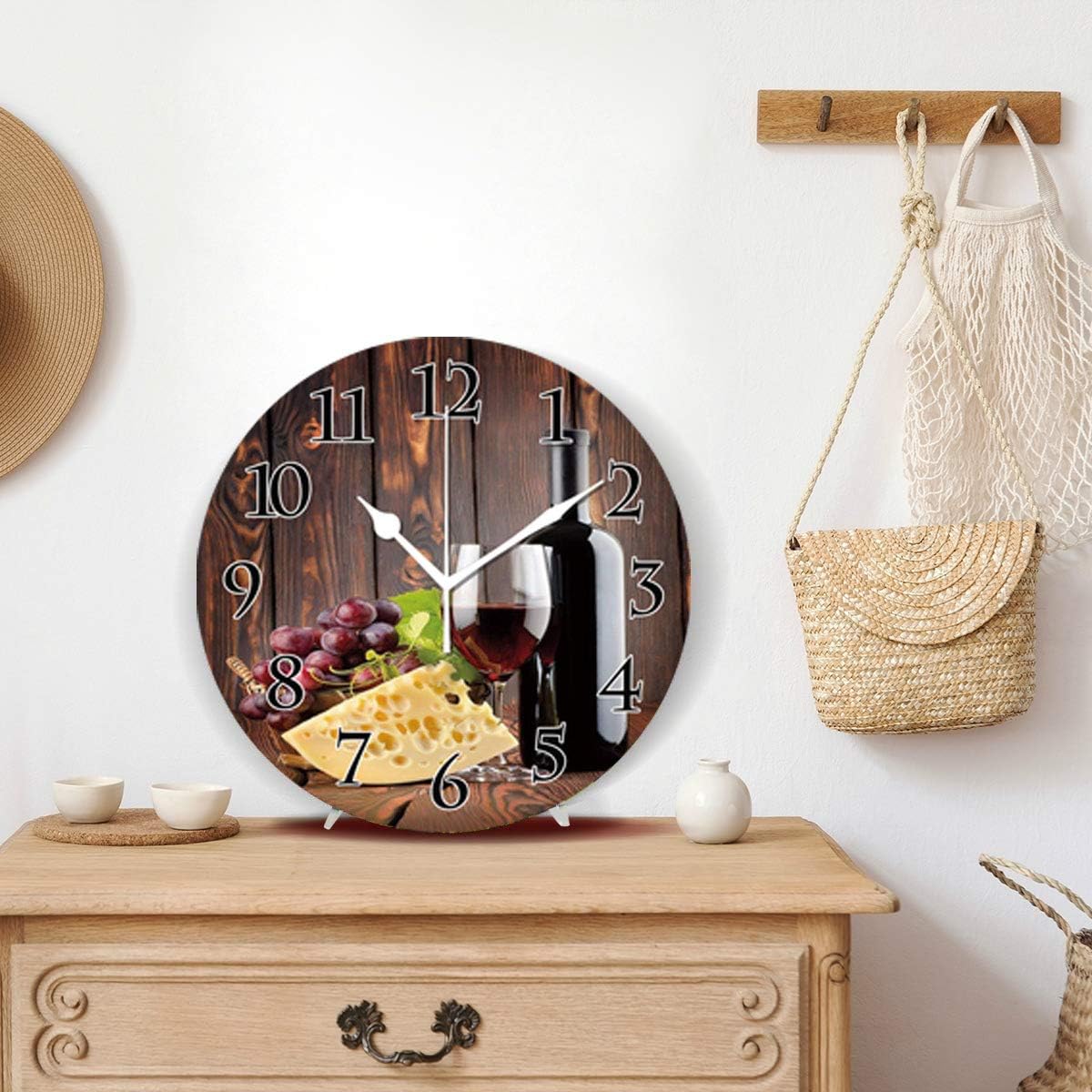 Silent Wall Clock,Grapes and Wine Kitchen Clock Red Wine Cabernet Bottle and Glass Cheese and Grapes on Wood Planks Print Decorative Non Ticking Wall Clock/Desk Clock for Office Home Decor 12 inch