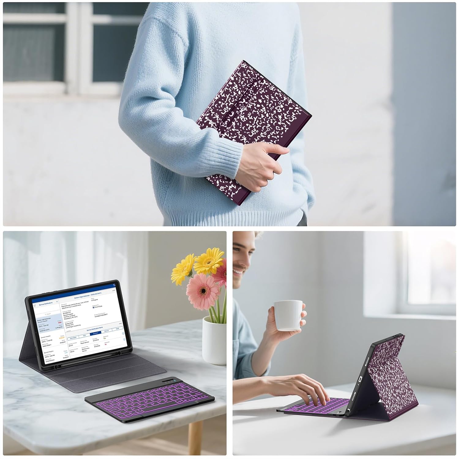 Supveco Keyboard Case for Samsung Galaxy Tab A11+ Plus 11 inch 2026 Model (SM-X230/X236/X238)-7 Color Backlight Wireless Detachable Folio Keyboard Cover with S Pen Holder,Book Violet