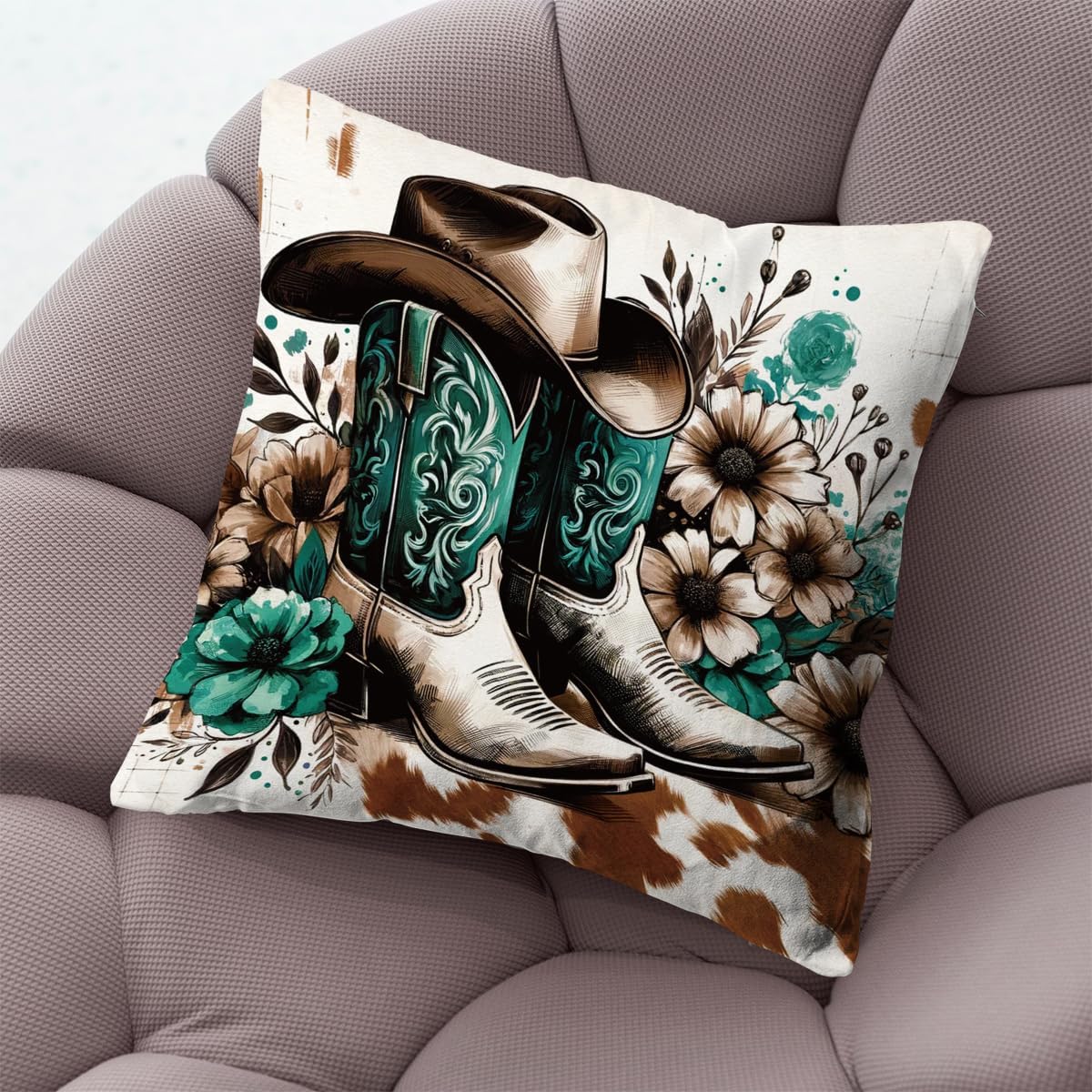 KongMoTree Boots Cowgirl Hat Throw Pillow Cover Retro Western Throw Pillow Cover Soft Flannel Fluffy Couch Pillow Cover for Home Bedroom Living Room Sofa Holiday Festivals Winter Home Decor - Image 5