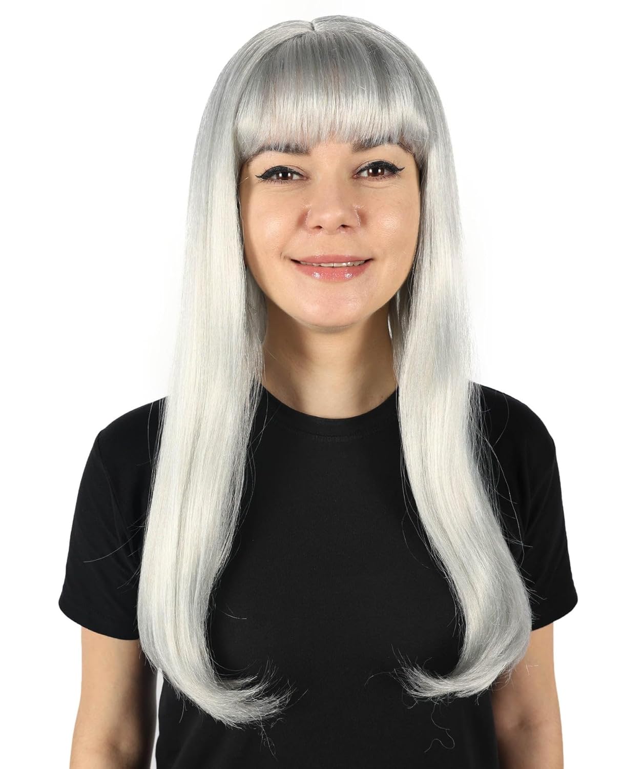 Long Blonde Straight Wig with Fringe for Women - Natural Look Costume Hairpiece for Cosplay, Halloween & Themed Events | Smooth Synthetic Hair with Soft Face Framing Layers - Grey