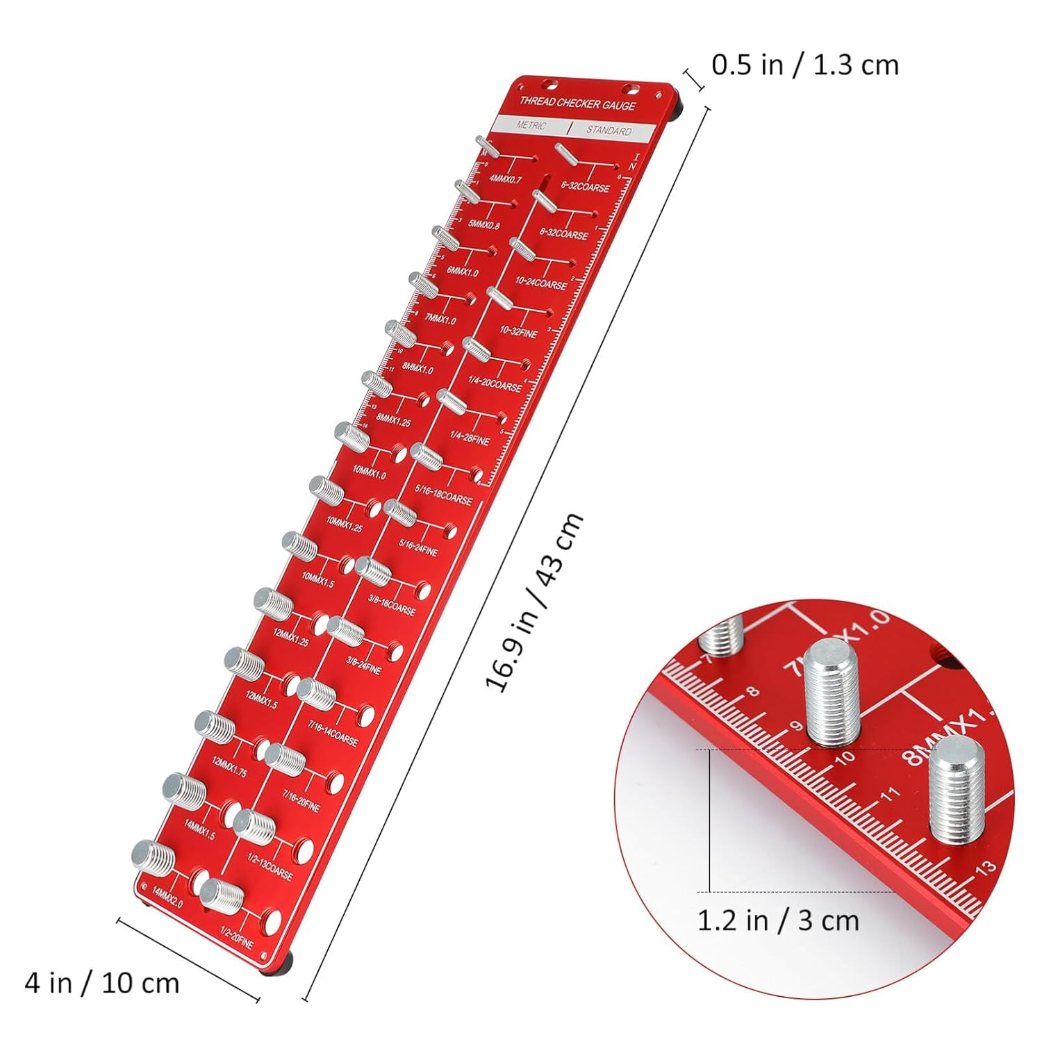 PartyKindom Nut and Bolt Thread Checker, Heavy-Duty Aluminum Wall Mounted Gauge for Standard & Metric Sizes, 14 SAE & 14 Metric Bolt Size and Thread Finder, Essential Garage Workshop Tool