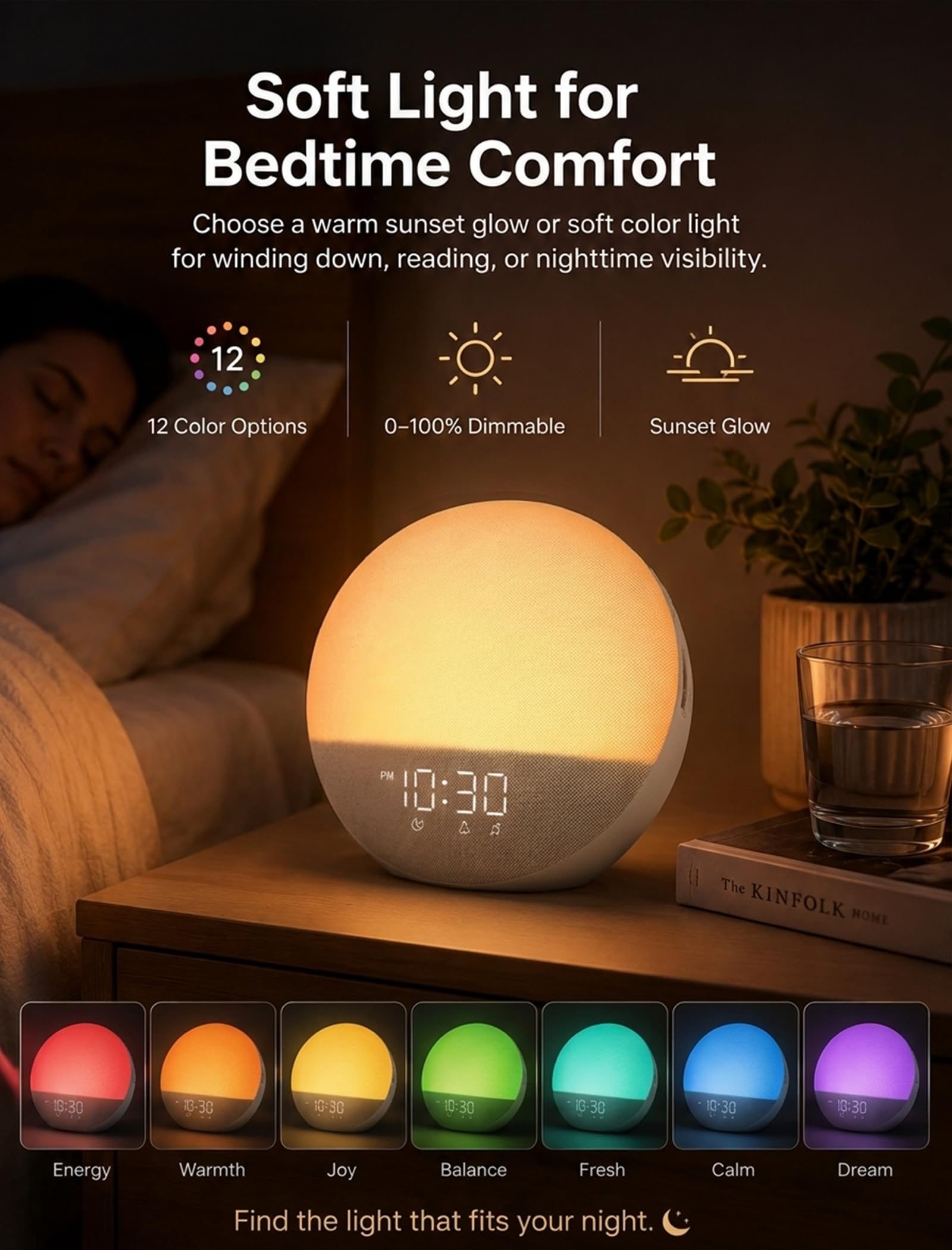 Odokee Reloj despertador Sunrise con máquina de sonido: luz de despertador suave y 7 sonidos de alarma para dormitorio, 3 modos de despertar y 32 niveles de volumen para masilla matutina sin estrés