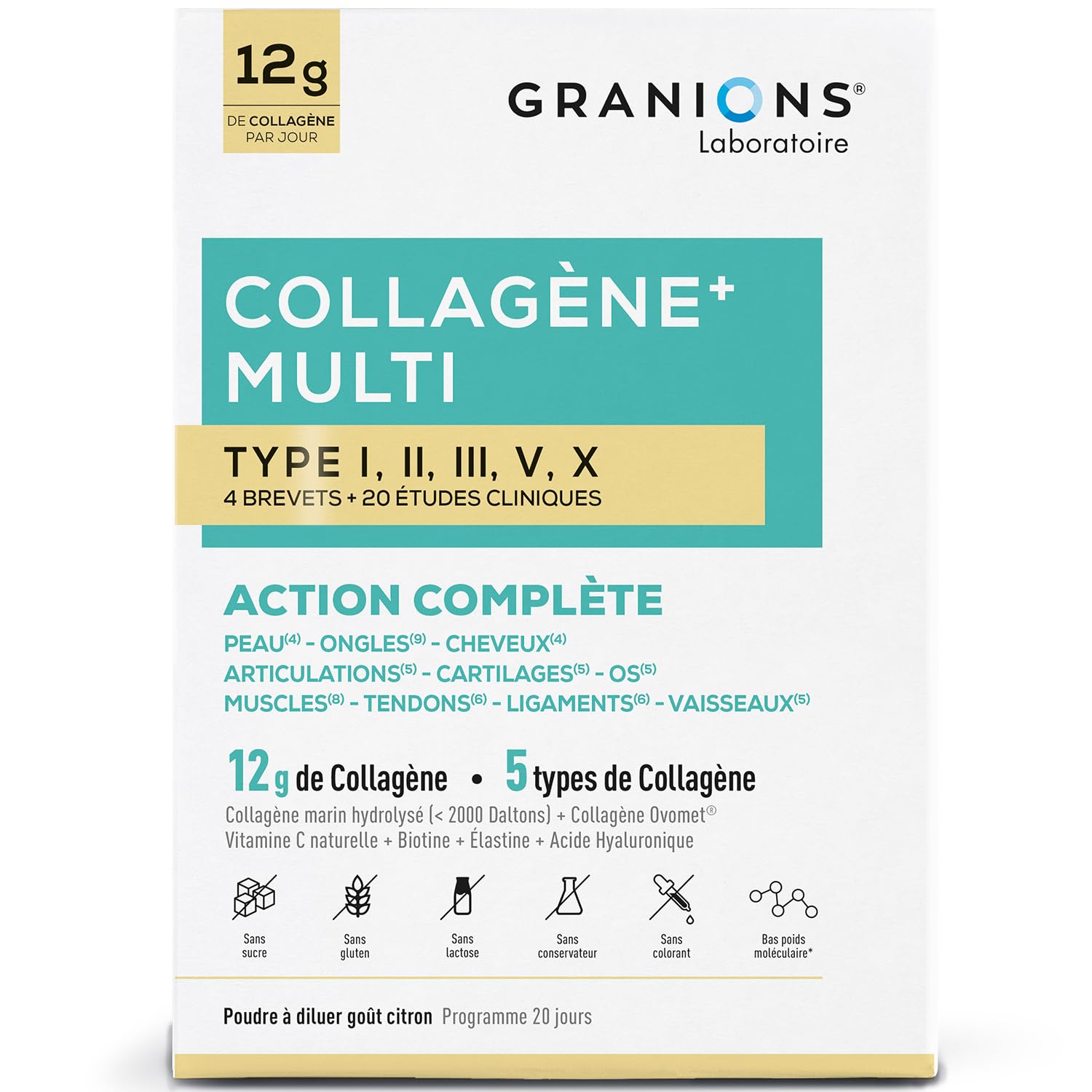 MULTI Collagene - 5 Types de Collagène - GRANIONS Collagène N°1 en Pharmacies - Collagene et Acide Hyaluronique - Marin Poudre - Collagene Marin + Vitamine C - 20 études cliniques - Goût Citron 260 g