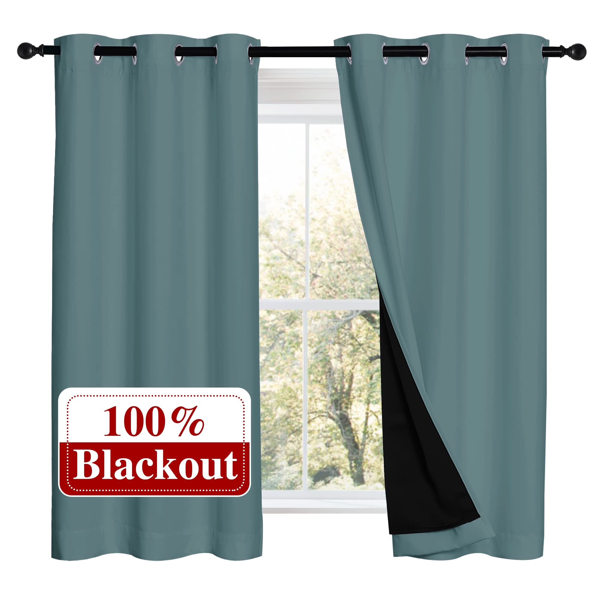 NICETOWN 100% Blackout Curtains 54 inches Long, Double-Deck Completely Blackout Window Treatment Thermal Insulated Lined Drapes for Small Window (Aqua, 1 Pair, 42 inches Width Each Panel)