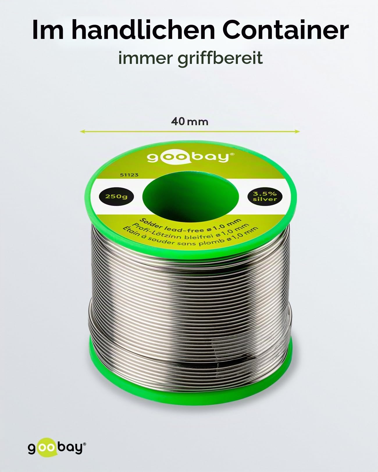 Goobay 51123 Lötzinn bleifrei ø 1mm Lötdraht mit Flussmittel, 3.5 % Silber & 0.7 % Kupfer, 217 °C Schmelzpunkt, Löt Zinn bleifreies Löten, 250g