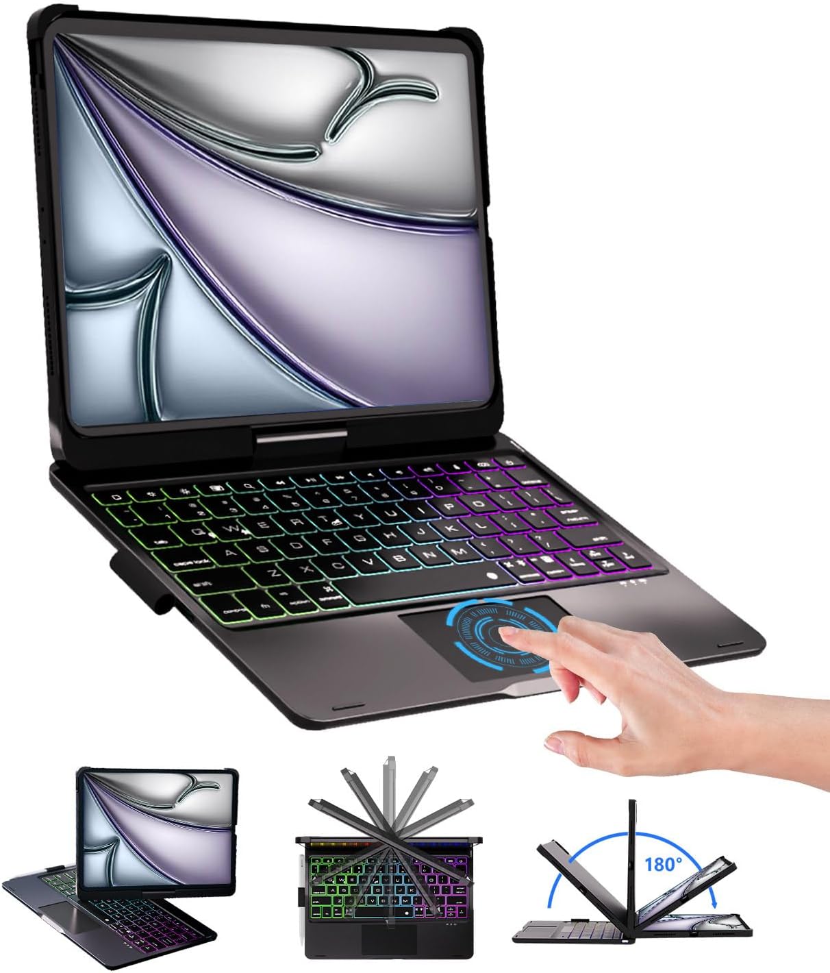 BABG for iPad 10th 11th (A16) Case with Keyboard&iPad Air 11(M4,M3,M2),360°Swivel,7 Use Modes,Rainbow Backlight Keyboard for iPad Pro 11(1st/2nd/3rd/4th Gen)&iPad Air 5th/Air 4th-Space Black