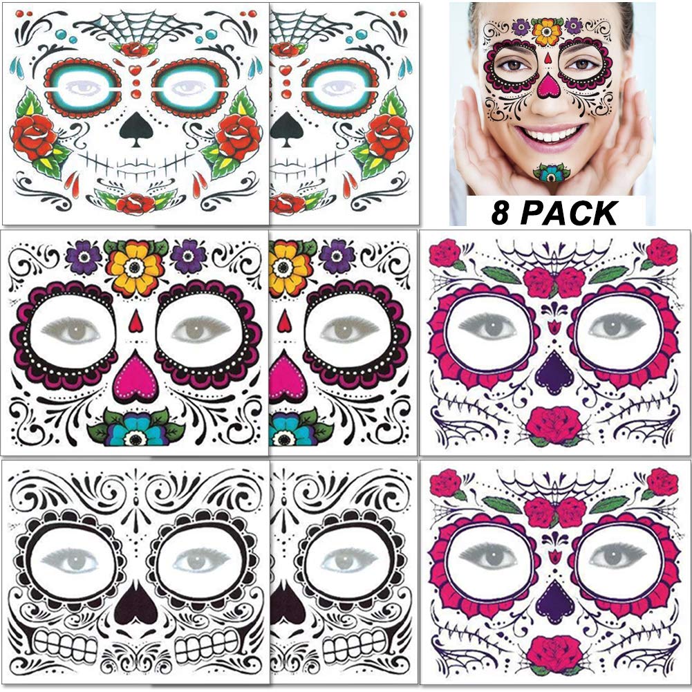 8 Pack Halloween Temporary Tattoos Glitter Red Roses Day of The Dead Sugar Skull Face Tattoo Sticker