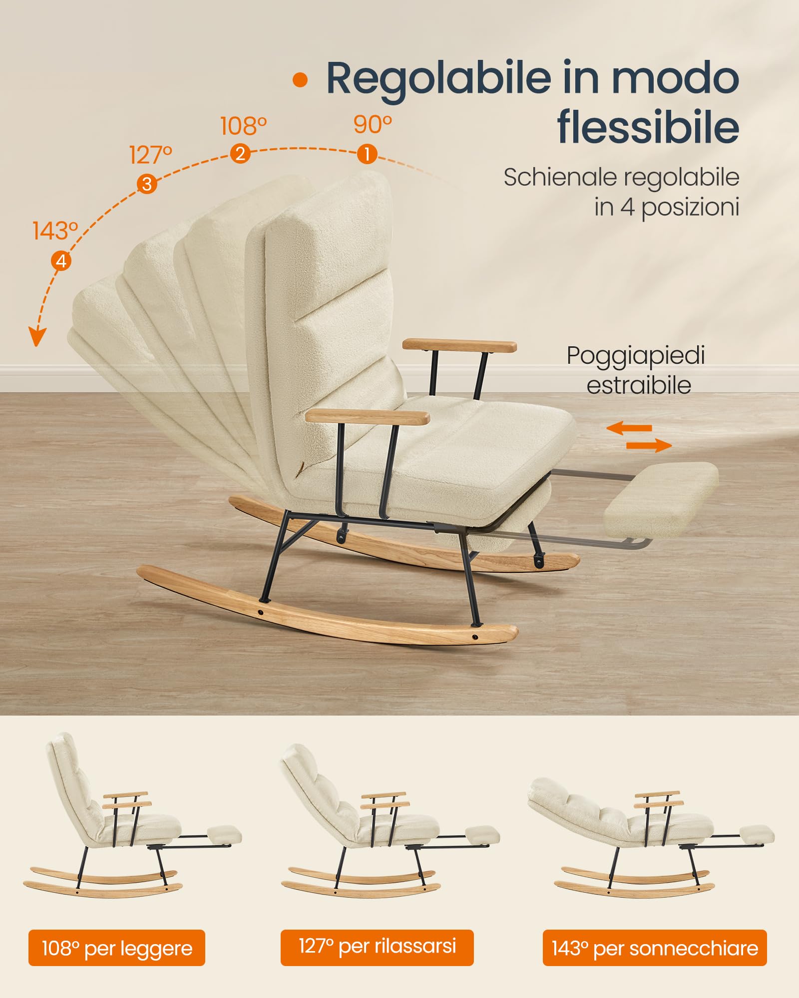 SONGMICS HOME Poltrona a Dondolo, Gambe in Legno di Hevea, Sedia a Dondolo, Schienale Regolabile a 4 Posizioni, Portata Massima 160 kg, Camera da Letto Soggiorno, Marrone Cammello LYY016LJ01