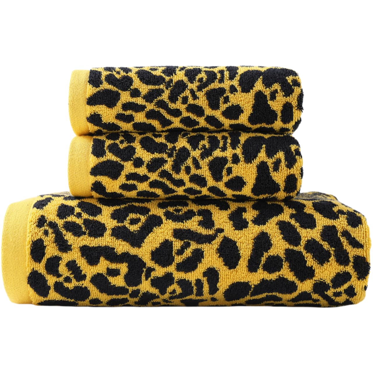 KINGSHORE 3 Piece Premium Bath Towel Set (Leopard), 1 Bath Towel 2 Hand Towels, Quick-Drying, 100% Cotton，Oeko-TEX Certified (Yellow)