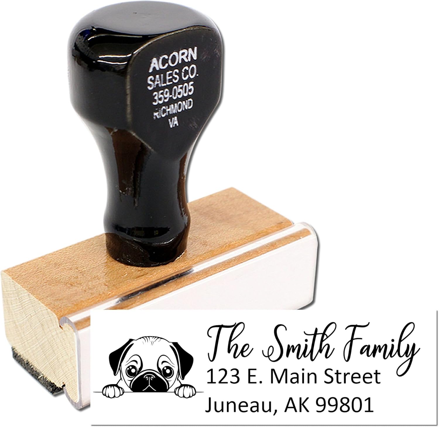 Customized Pug Stamp - Personalized Return Address Rubber Stamper with Peeking Puppy Pug Design, Ideal for Envelopes & Letters, Wood Handle, Size 7/8 x 2-1/4, Use with Stamp Pad