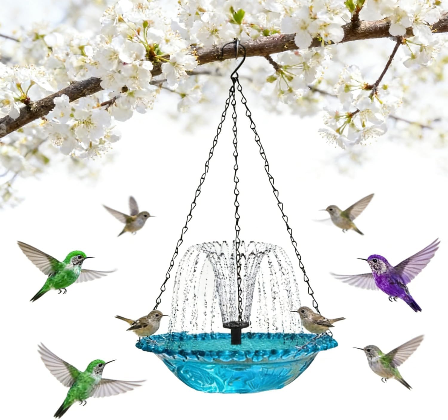 Hanging Bird Bath Fountain, Cascading Outdoor Water Fountain, Hanging Bird Bath with Flowing Water, USB-Powered Water Feature for Garden, Patio, Yard Decor, USB-Powered Single-Layer, Blue