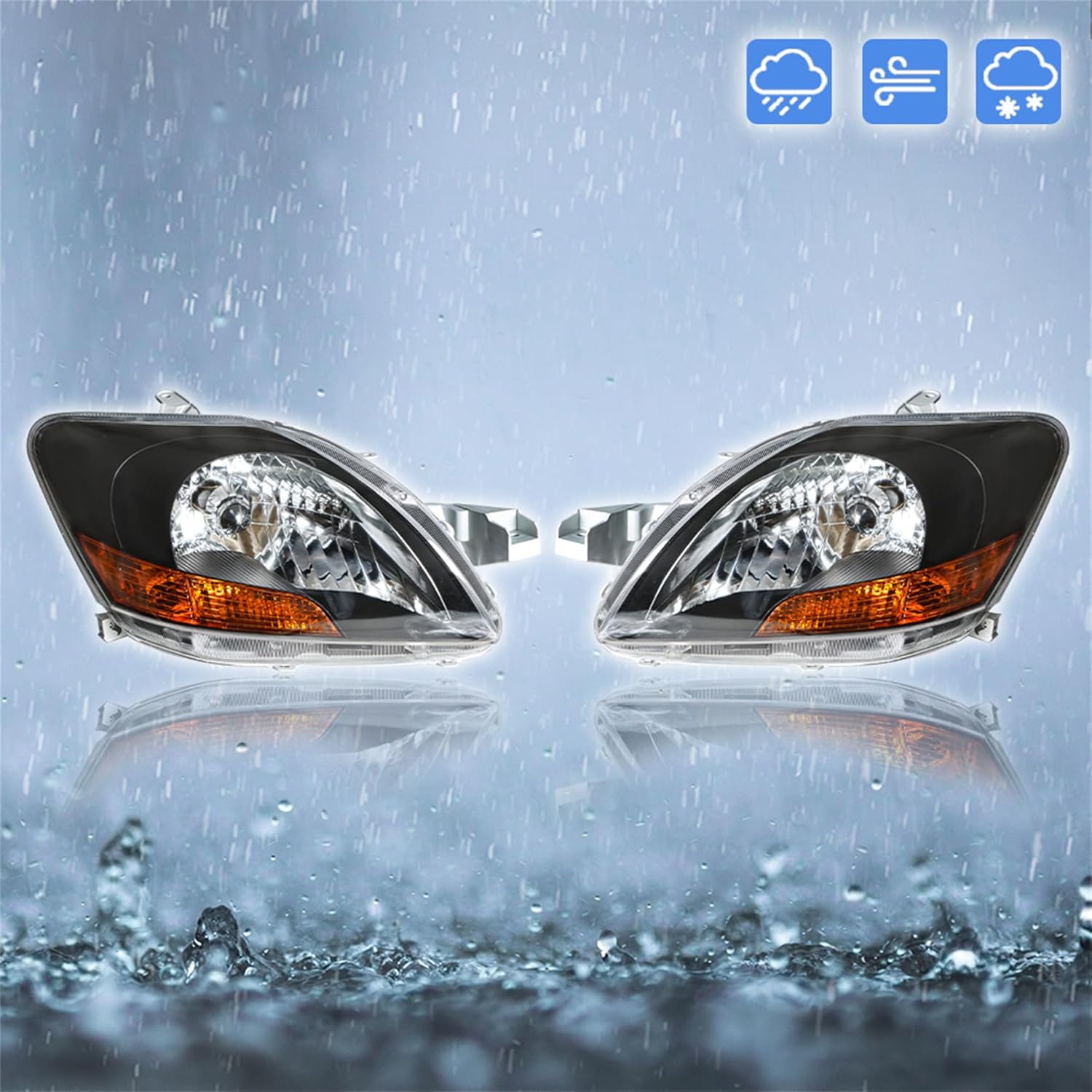 WFLNHB Headlights Assembly Replacement for Toyota Yaris Sedan 2007-2011 Projector Headlights Headlamps with Amber Corner Driver and Passenger Side (Black Housing)