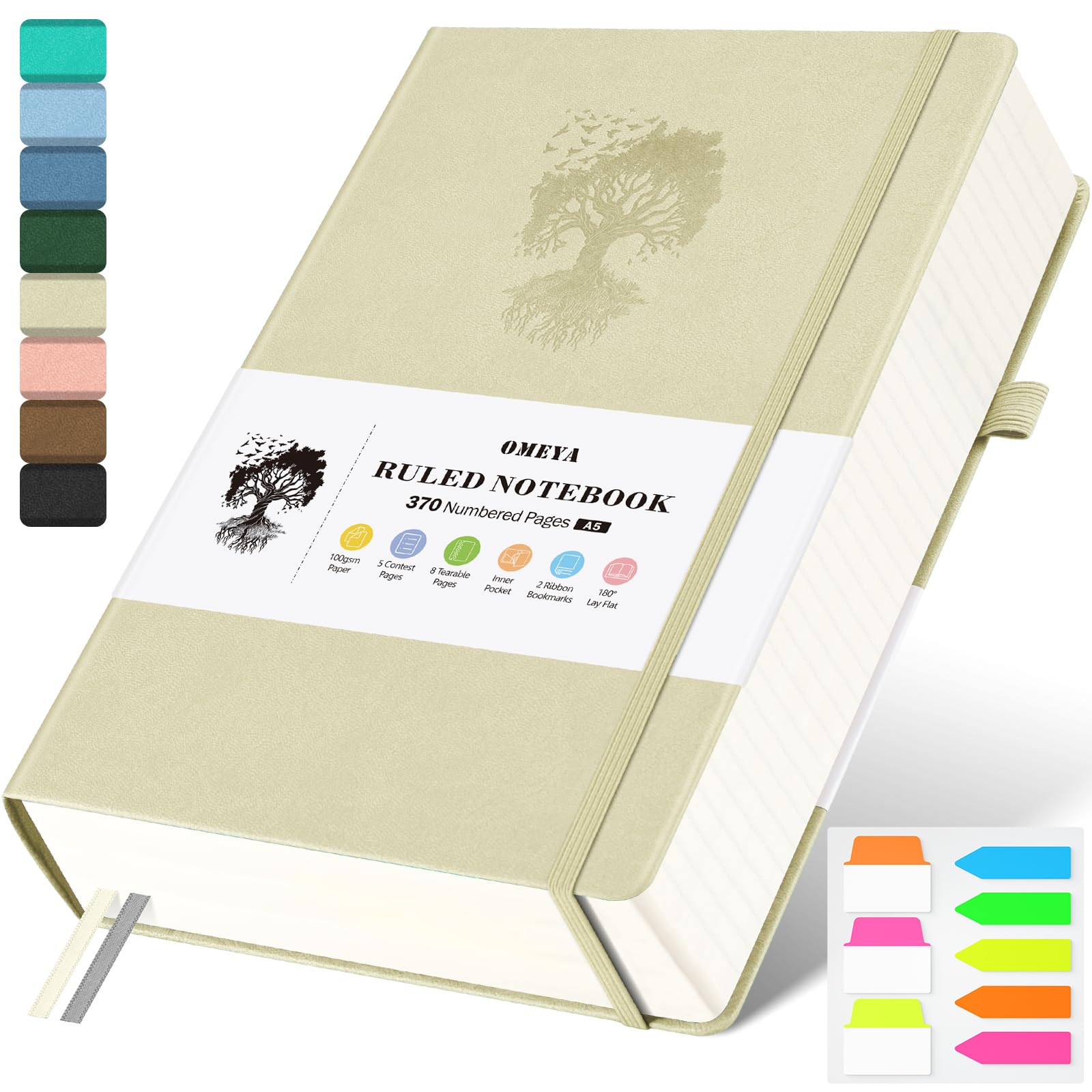 A5 Lined Journal Notebook, 370 Numbered Pages Thick Leather Journal for Writing, College Ruled Hardcover Notebook for Work,School with 100gsm Paper, Writing Journal for Women,Men (5.75" x 8.38" Beige)
