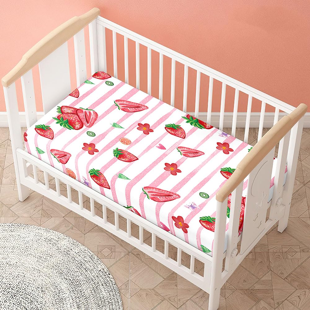 Morbuy Cot Bed Sheets, Crib Sheets for Boy and Girl, Baby Bed Fitted Sheets Soft Breathable Polyester Crib Sheets for Baby, Cot Sheets - Cosy Durable and Easy Care (80x40cm,Strawberry Pink)