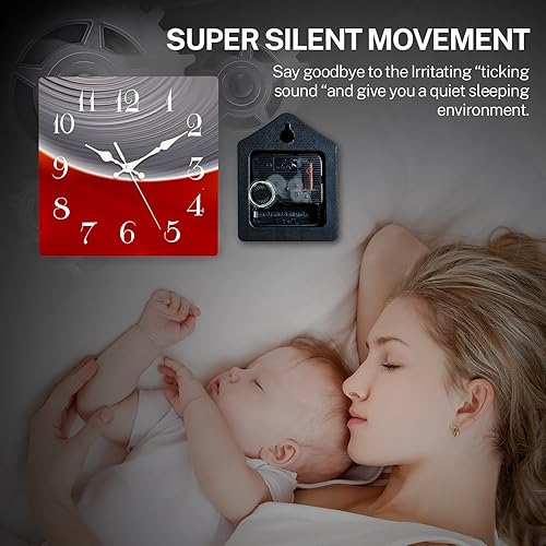 Miniatura 2 de ArtSocket Reloj de pared de madera, silencioso, sin tictac, sombras, línea roja y amarilla, abstracto, moderno, cuadrado, relojes de pared para