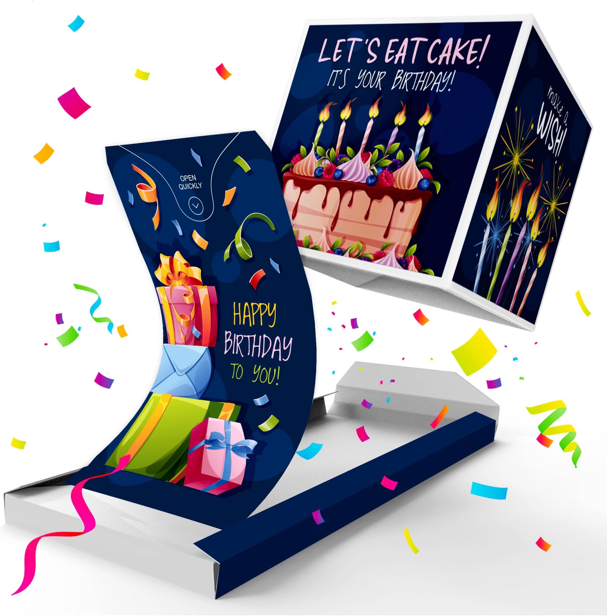 «BOOM» Exploding Birthday Confetti Card (blue - gifts), Surprise Prank Card Pop up