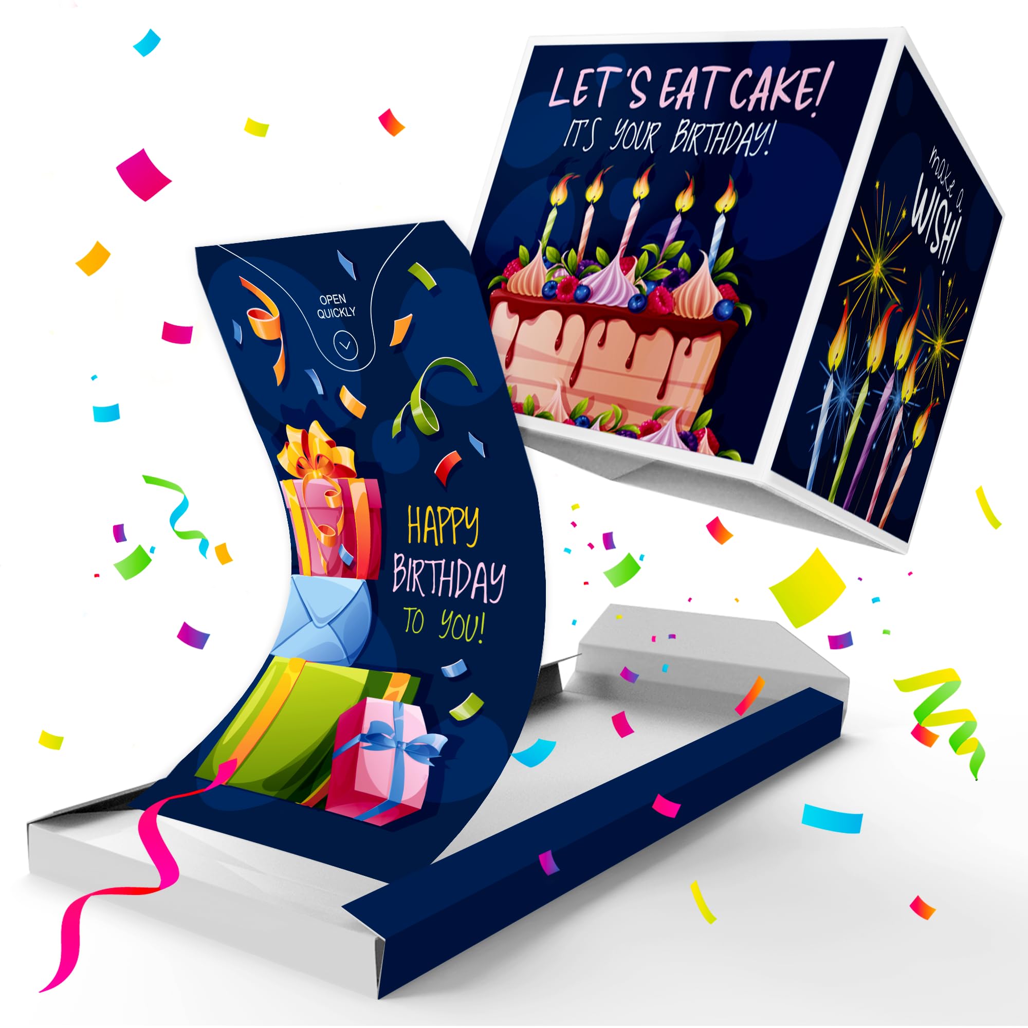 «BOOM» Exploding Birthday Confetti Card (blue - gifts), Surprise Prank Card Pop up