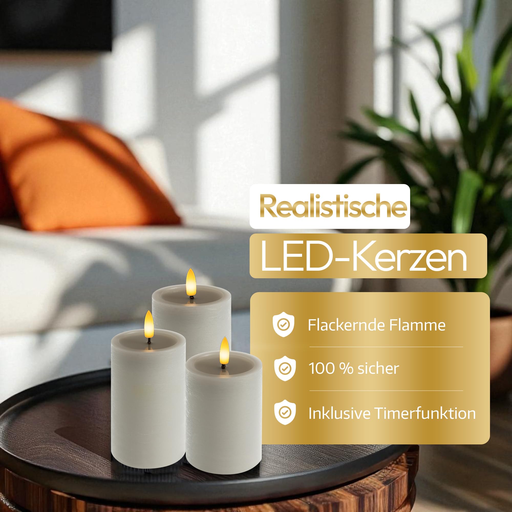 Meisterhome Juego de 3 velas LED grises, sin llama, con llama parpadeante, diseño rústico, con mando a distancia y temporizador, funciona con pilas, blanco cálido, 10/12,5/15 cm de alto