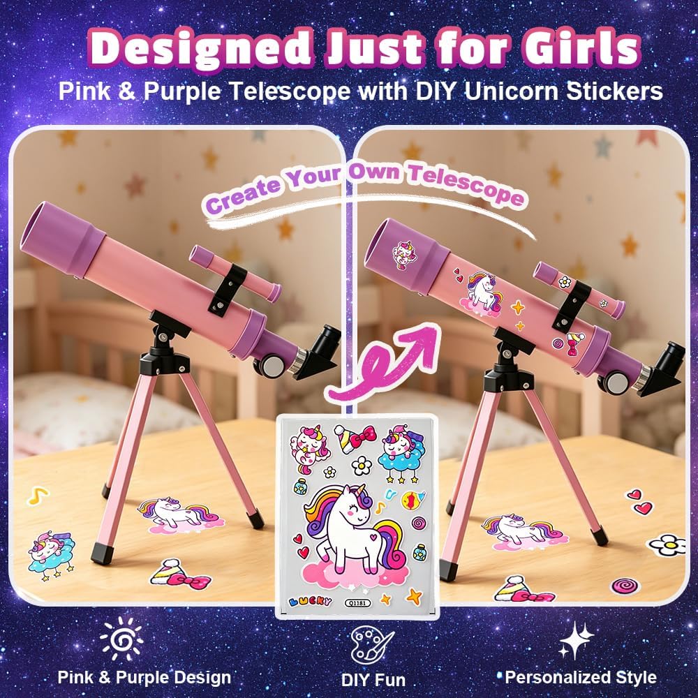 Telescope for Girls, 50mm 100x Pink Purple Telescope with Unicorn Stickers | Beginner telescope with tripod and unicorn DIY stickers, designed for STEM learning and astronomy exploration.